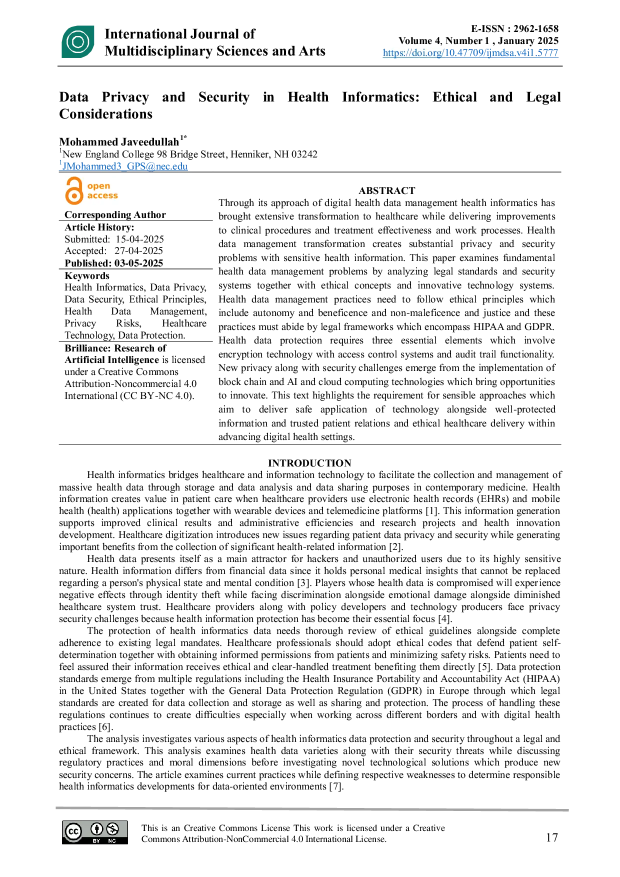 JURIS Data Privacy and Security in Health Informatics Ethical and Legal Considerations