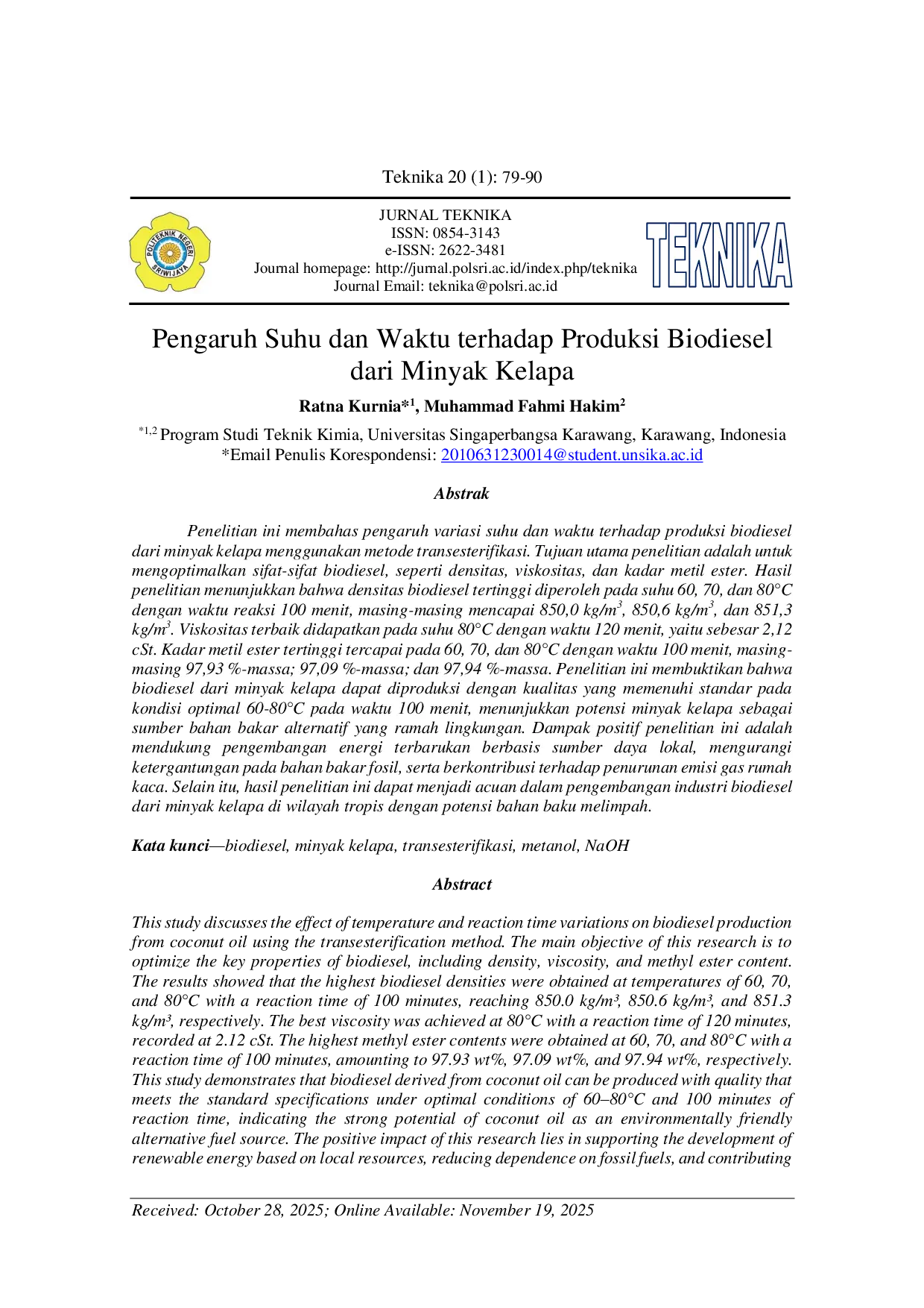 JURIS Pengaruh Suhu dan Waktu terhadap Produksi Biodiesel dari Minyak Kelapa