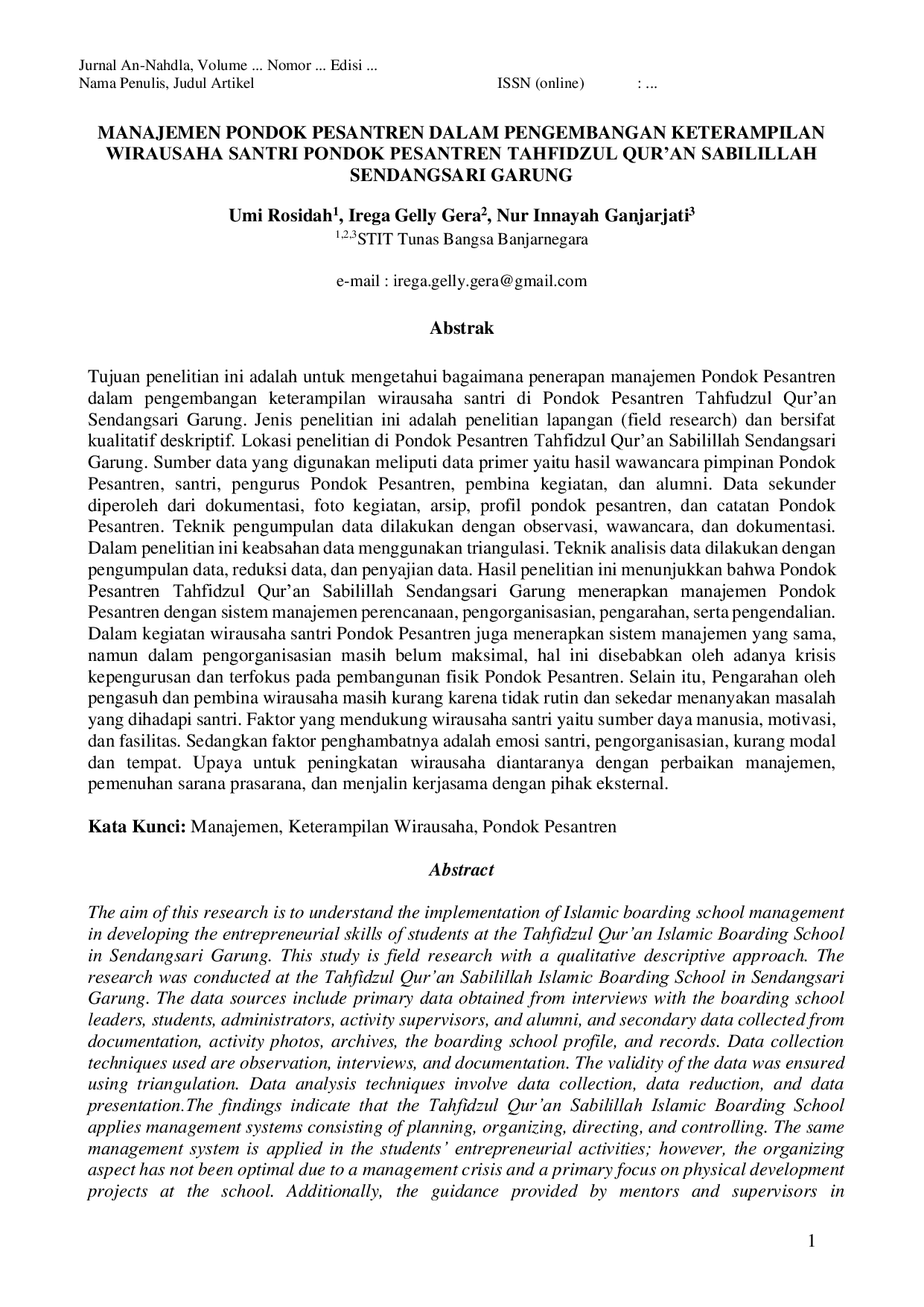 JURIS Manajemen Pondok Pesantren Dalam Pengembangan Keterampilan Wirausaha Santri Pondok Pesantren Tahfidzul Qur an Sabilillah Sendangsari Garung