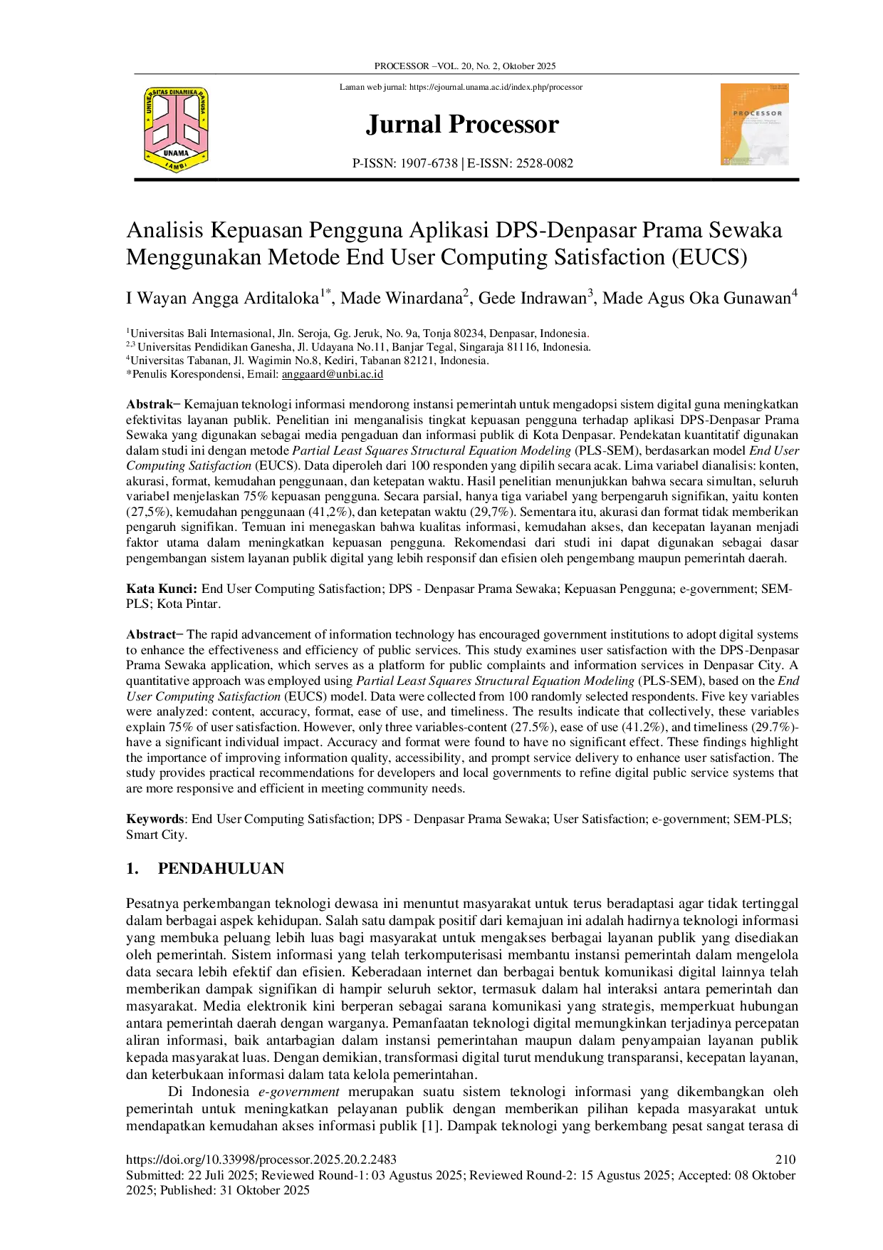 JURIS Analisis Kepuasan Pengguna Aplikasi DPS Denpasar Prama Sewaka Menggunakan Metode End User Computing Satisfaction EUCS