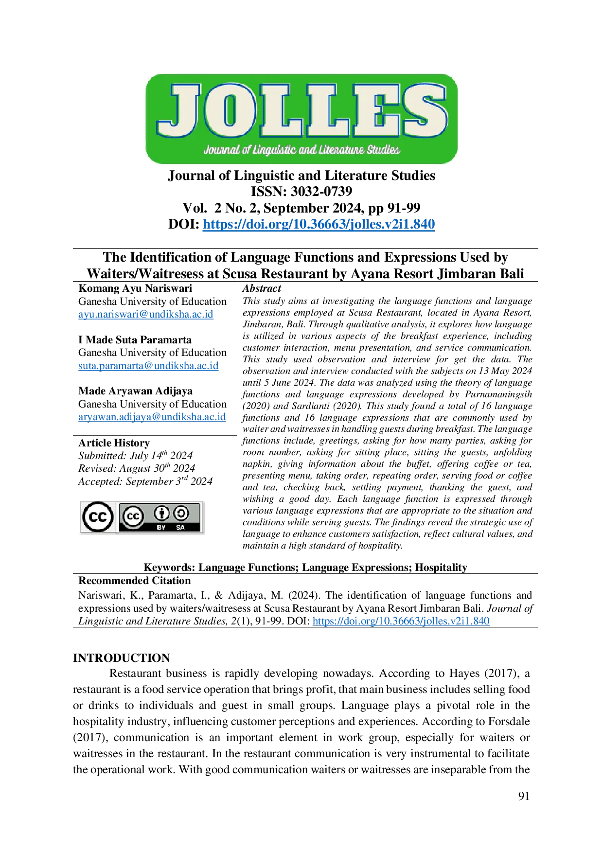 JURIS The Identification of Language Functions and Expressions Used by Waiters Waitresess at Scusa Restaurant by Ayana Resort Jimbaran Bali