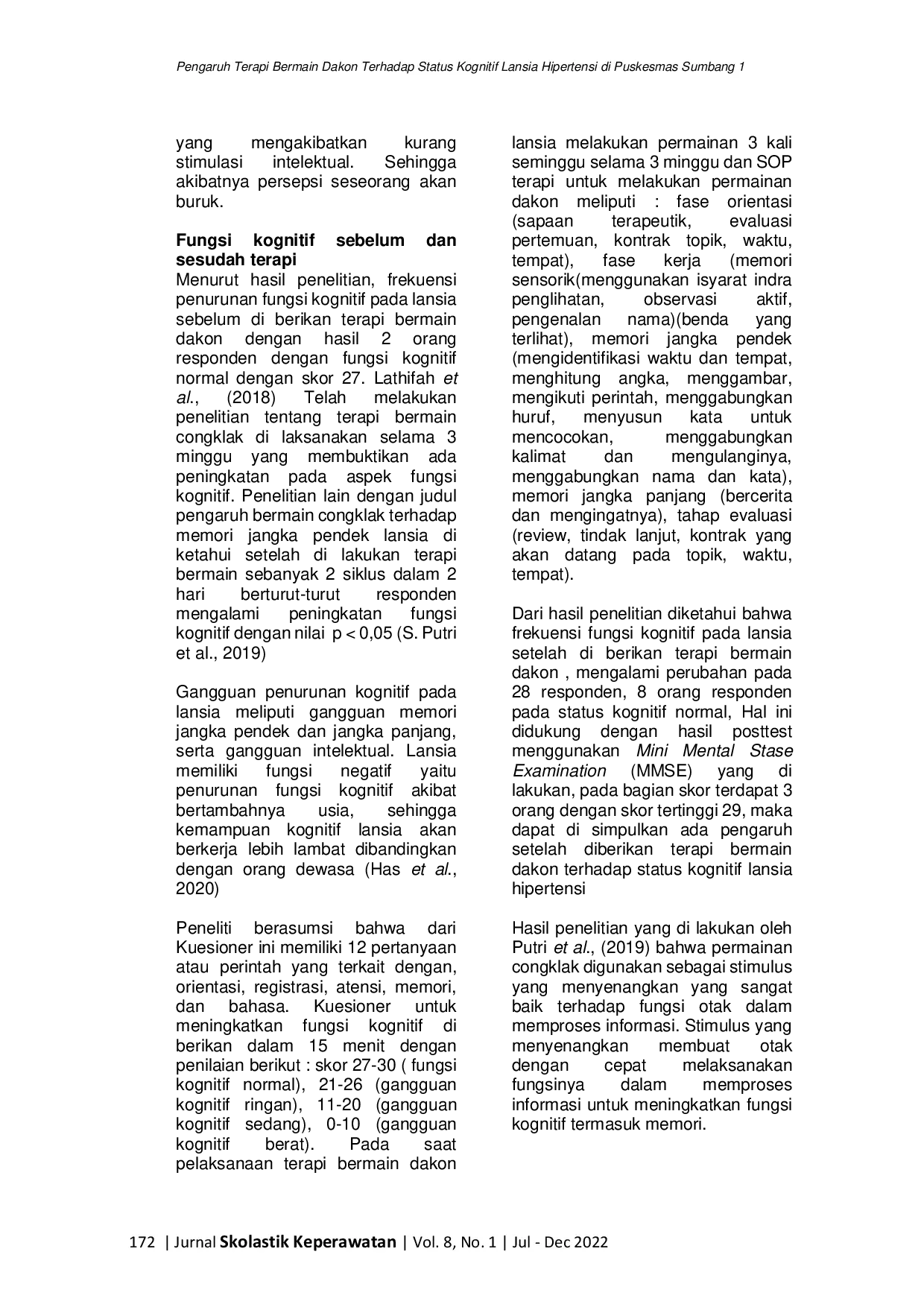 juris Pengaruh Terapi Bermain Dakon Terhadap Status Kognitif Lansia Hipertensi di Puskesmas Sumbang 1