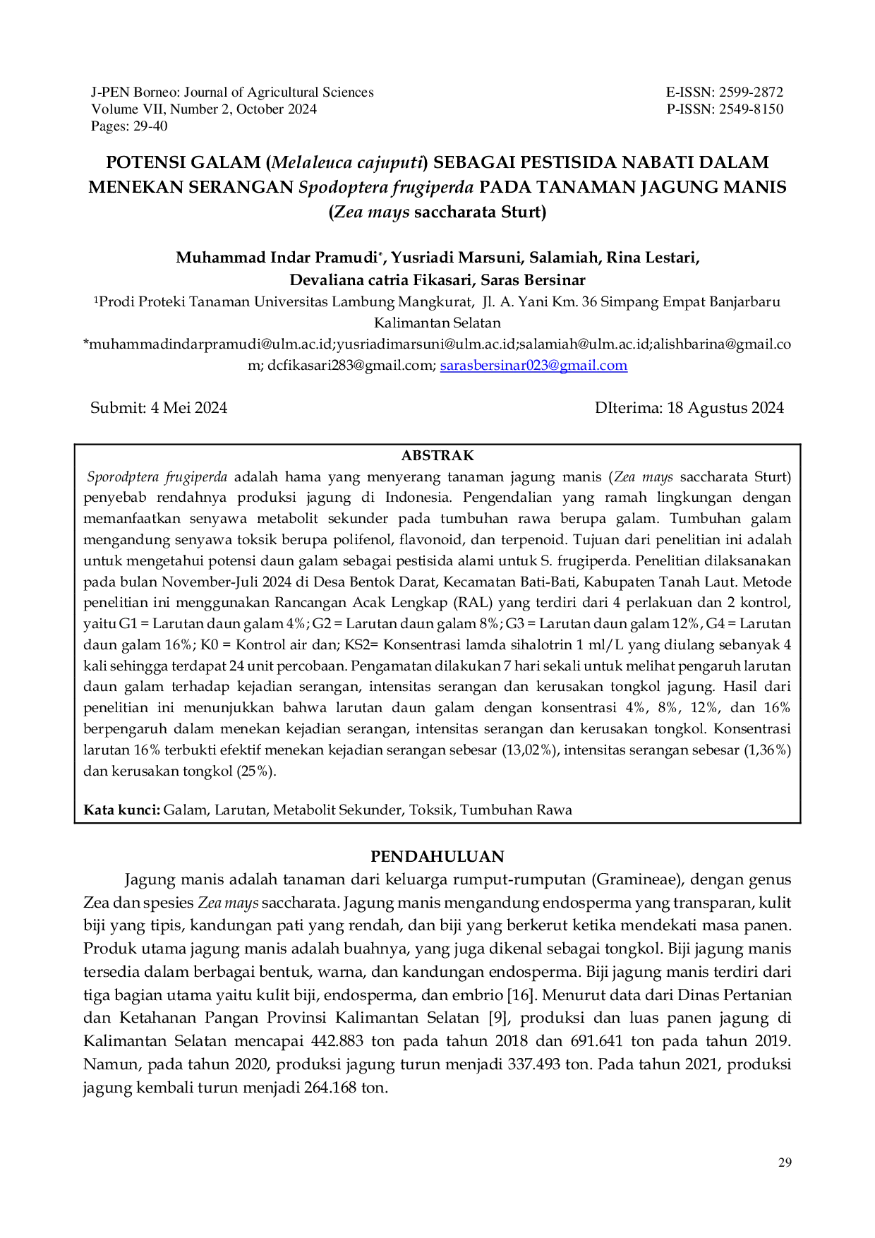 JURIS POTENSI GALAM Melaleuca cajuputi SEBAGAI PESTISIDA NABATI DALAM MENEKAN SERANGAN Spodoptera frugiperda PADA TANAMAN JAGUNG MANIS Zea mays saccharata Sturt