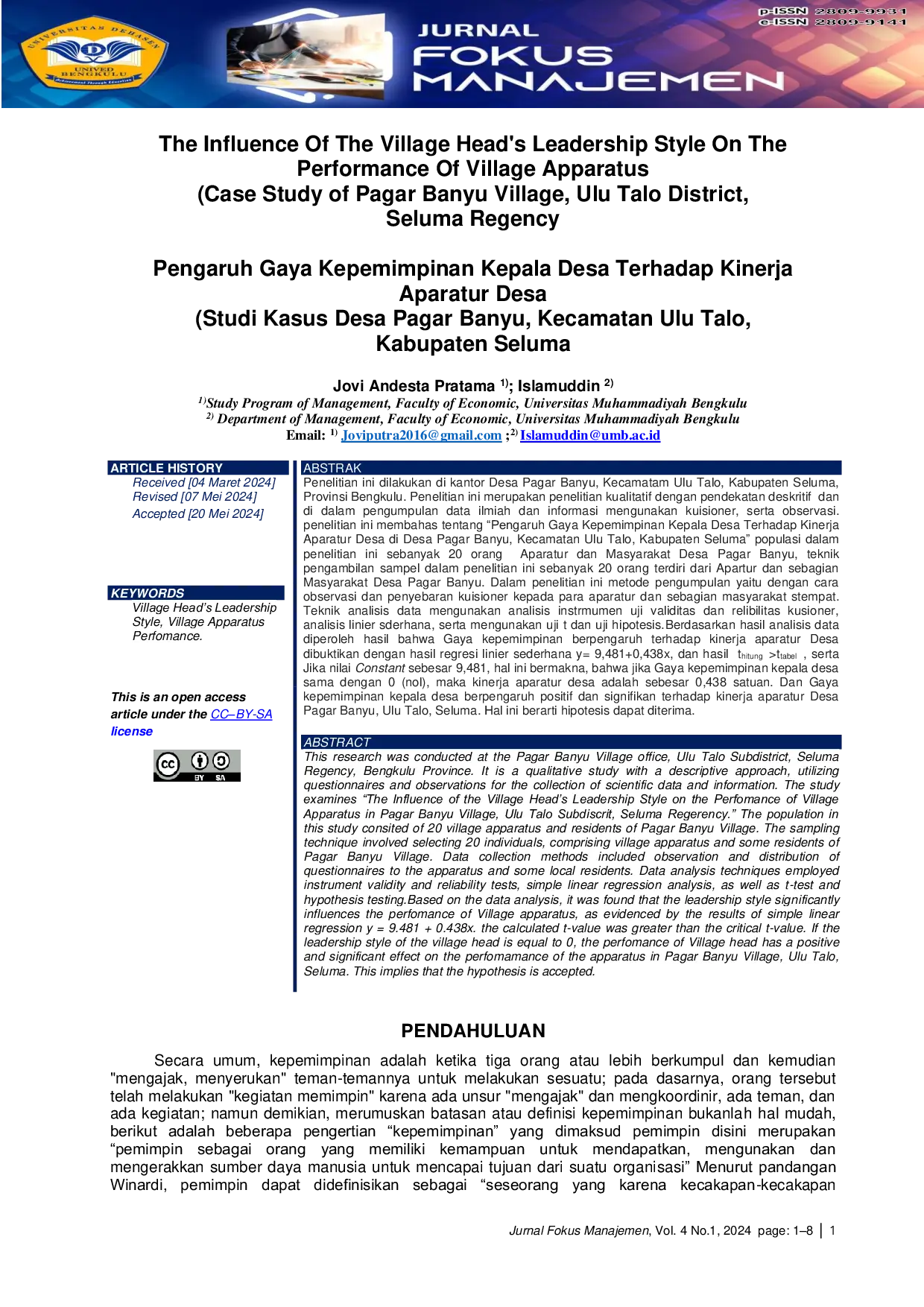 JURIS The Influence Of The Village Head s Leadership Style On The Performance Of Village Apparatus Case Study of Pagar Banyu Village Ulu Talo District Seluma Regency
