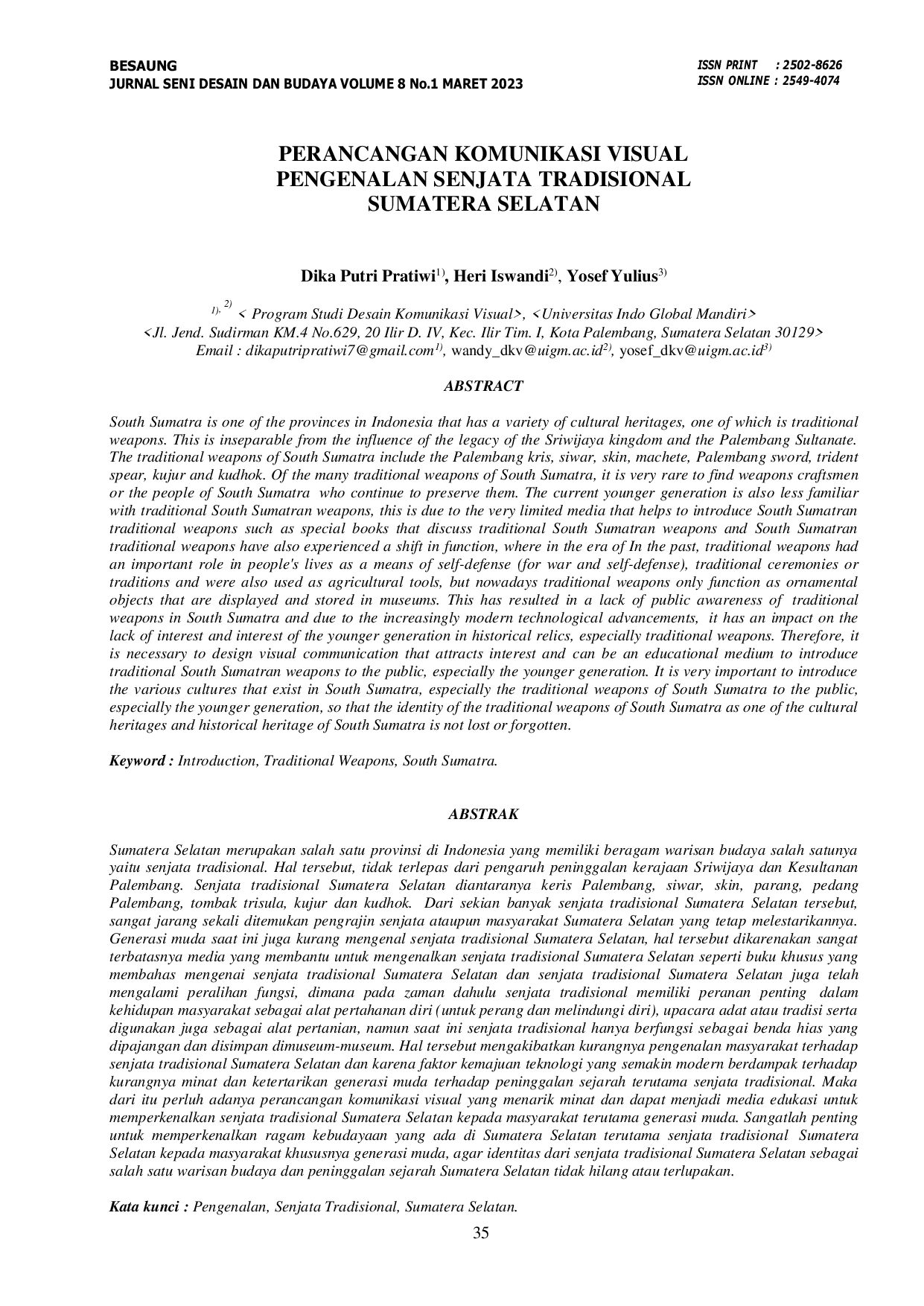JURIS Perancangan Komunikasi Visual Pengenalan Senjata Tradisional Sumatera Selatan