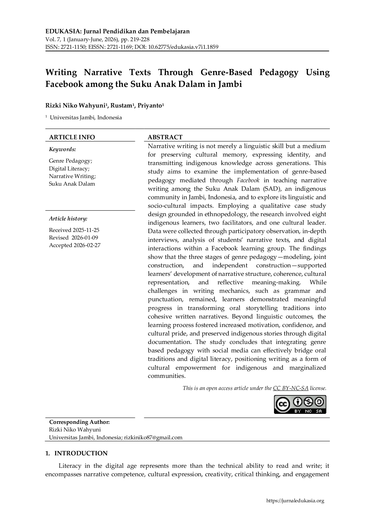 JURIS Writing Narrative Texts Through Genre Based Pedagogy Using Facebook among the Suku Anak Dalam in Jambi