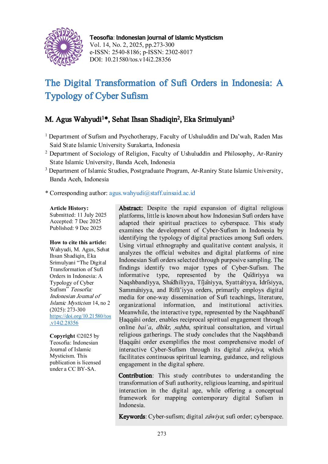 JURIS The Digital Transformation of Sufi Orders in Indonesia A Typology of Cyber Sufism