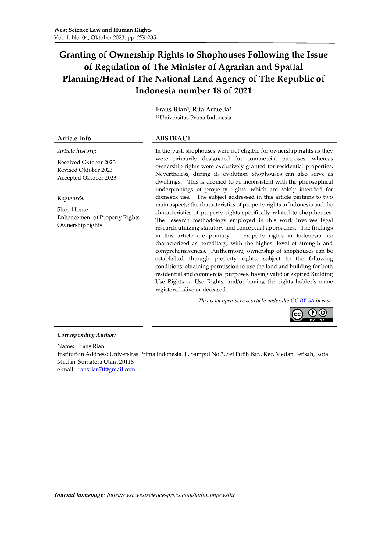 JURIS Granting of Ownership Rights to Shophouses Following the Issue of Regulation of The Minister of Agrarian and Spatial Planning Head of The National Land Agency of The Republic of Indonesia number 18 of