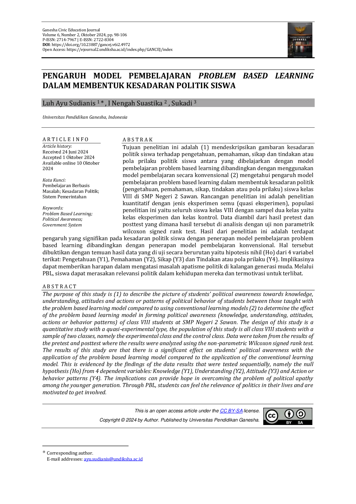JURIS PENGARUH MODEL PEMBELAJARAN PROBLEM BASED LEARNING DALAM MEMBENTUK KESADARAN POLITIK SISWA