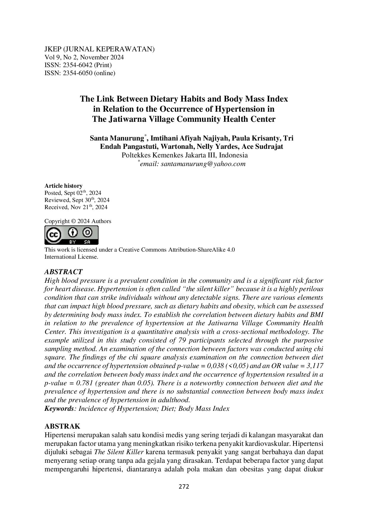 juris The Link Between Dietary Habits and Body Mass Index in Relation to the Occurrence of Hypertension in the Jatiwarna Village Community Health Center