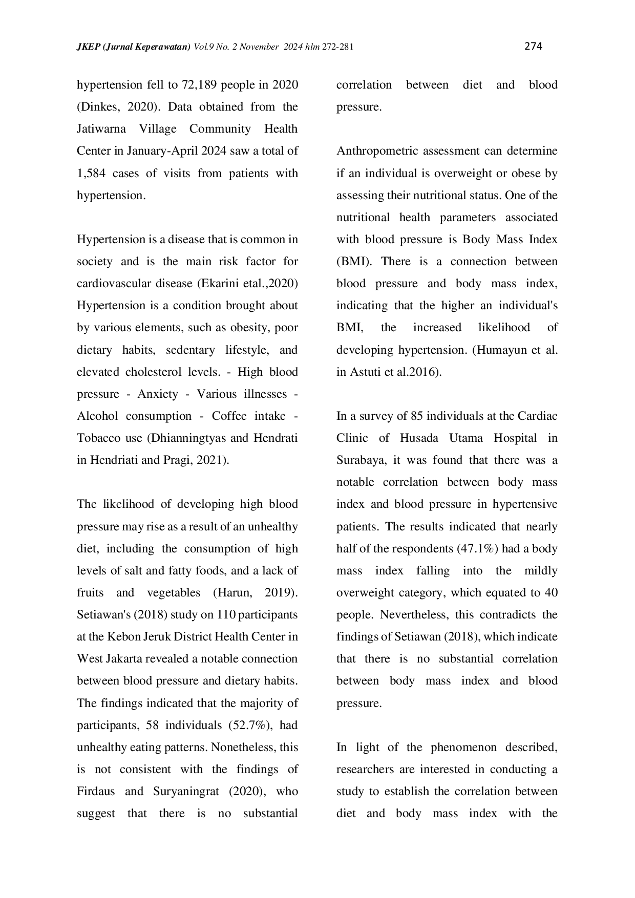 juris The Link Between Dietary Habits and Body Mass Index in Relation to the Occurrence of Hypertension in the Jatiwarna Village Community Health Center
