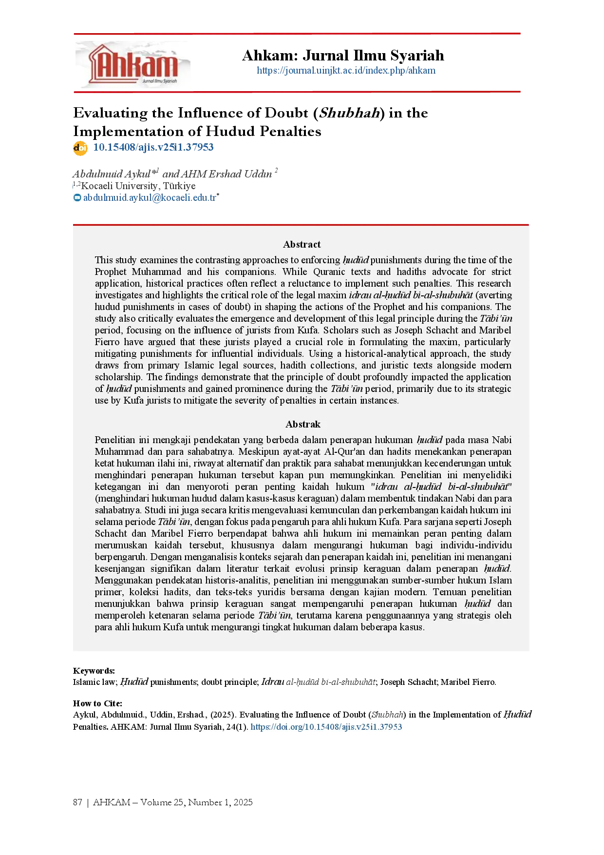 juris Evaluating the Influence of Doubt Shubhah in the Implementation of Hudud Penalties