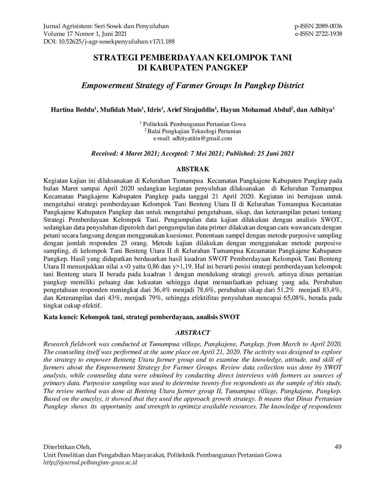 JURIS STRATEGI PEMBERDAYAAN KELOMPOK TANI DI KABUPATEN PANGKEP Empowerment Strategy of Farmer Groups In Pangkep District