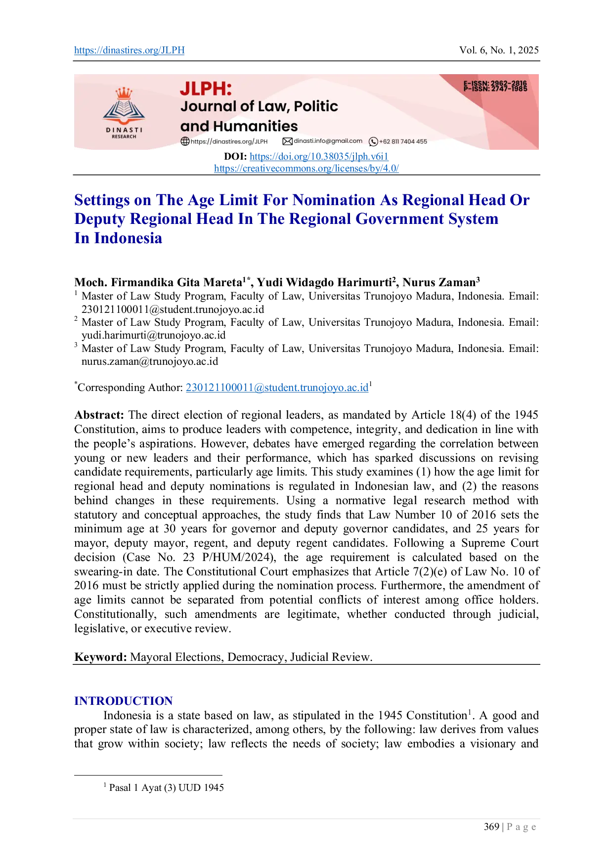JURIS Settings On The Age Limit for Nomination as Regional Head or Deputy Regional Head in The Regional Government System in Indonesia