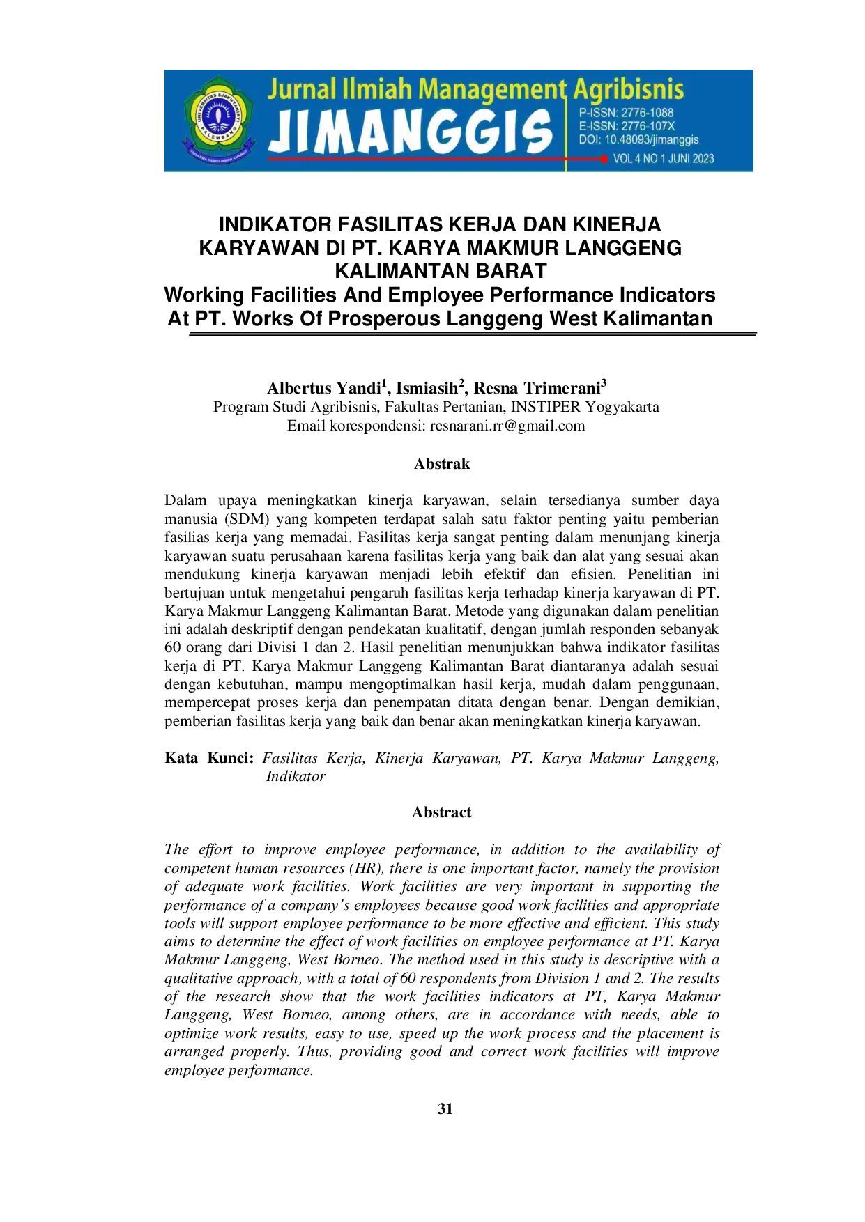 JURIS Indikator Fasilitas Kerja Dan Kinerja Karyawan Di Pt Karya Makmur Langgeng Kalimantan Barat