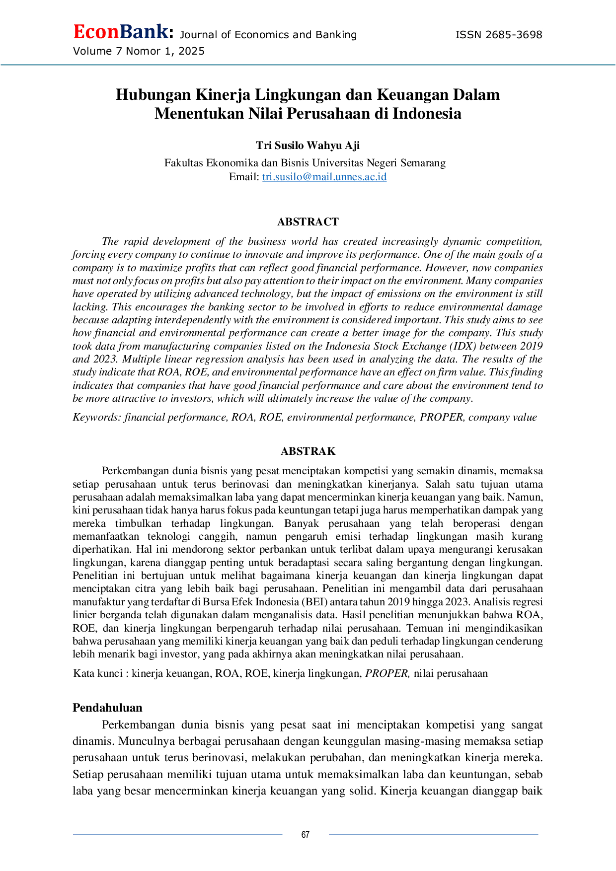 JURIS Hubungan Kinerja Lingkungan dan Keuangan Dalam Menentukan Nilai Perusahaan di Indonesia