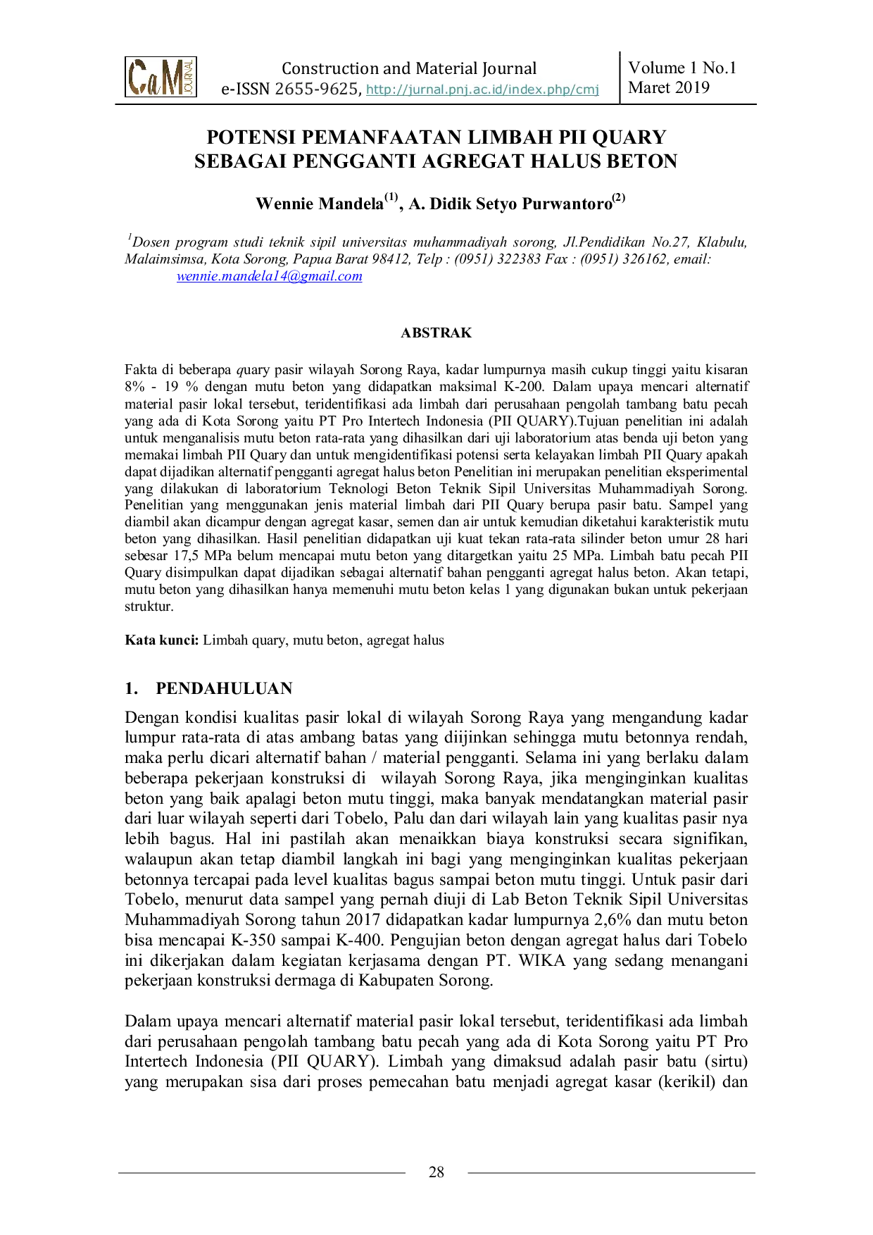 JURIS Potential Utilization of PII Quarry Waste as a Replacement for Fine Aggregate in Concrete