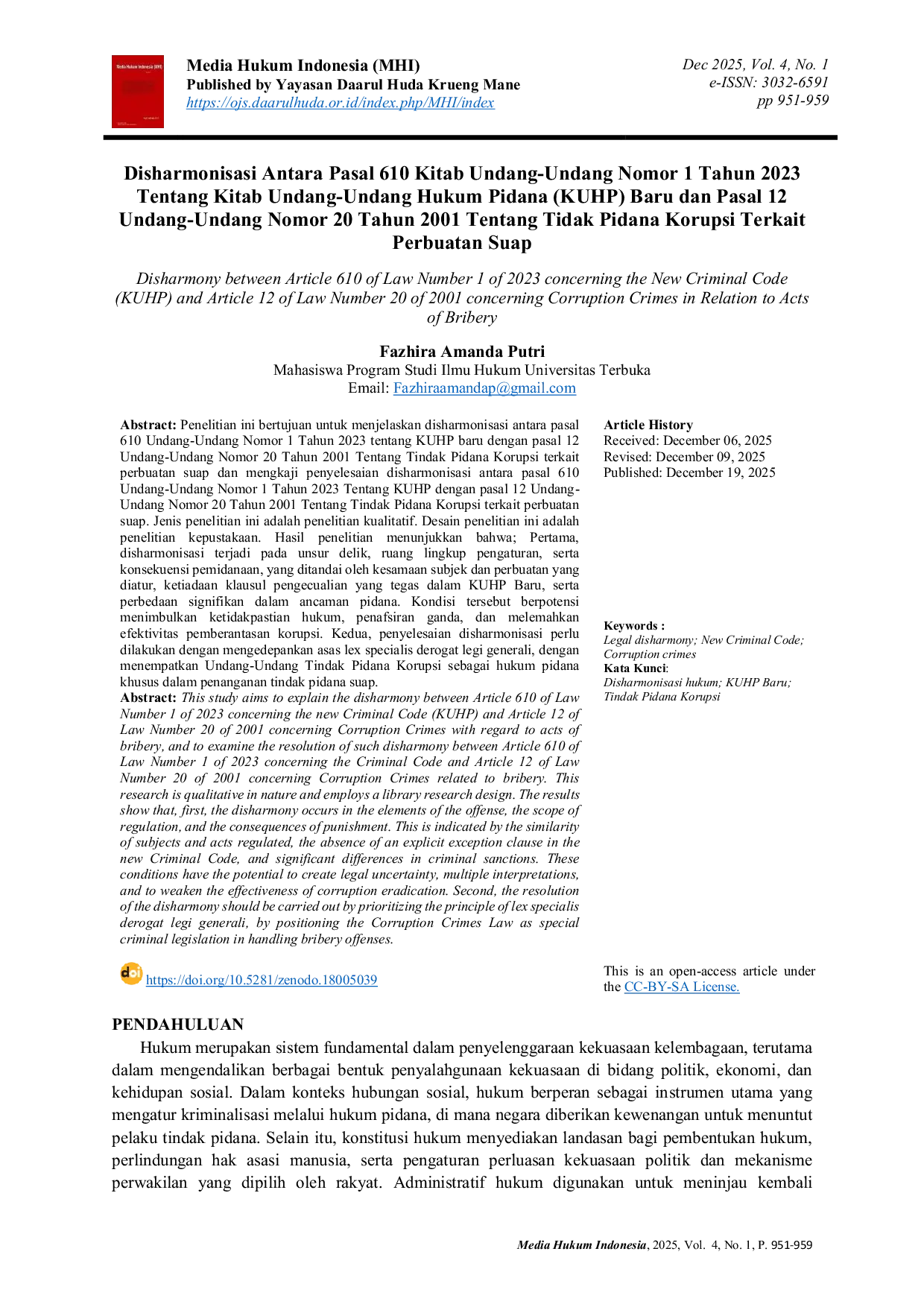 JURIS Disharmonisasi Antara Pasal 610 Kitab Undang Undang Nomor 1 Tahun 2023 Tentang Kitab Undang Undang Hukum Pidana KUHP Baru dan Pasal 12 Undang Undang Nomor 20 Tahun 2001 Tentang Tidak Pidana Korupsi