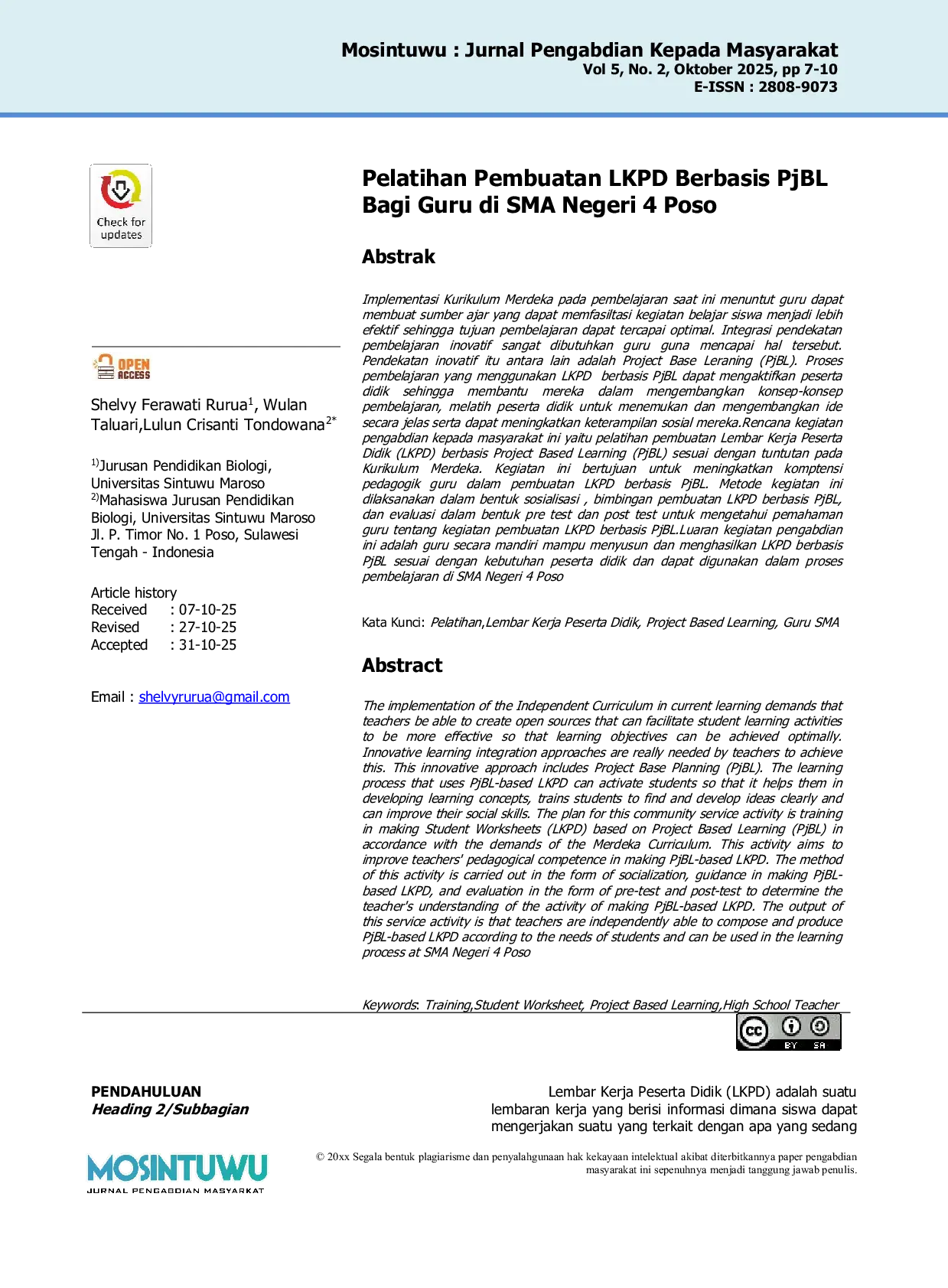 JURIS Pelatihan Pembuatan LKPD Berbasis PjBL Bagi Guru di SMA Negeri 4 Poso