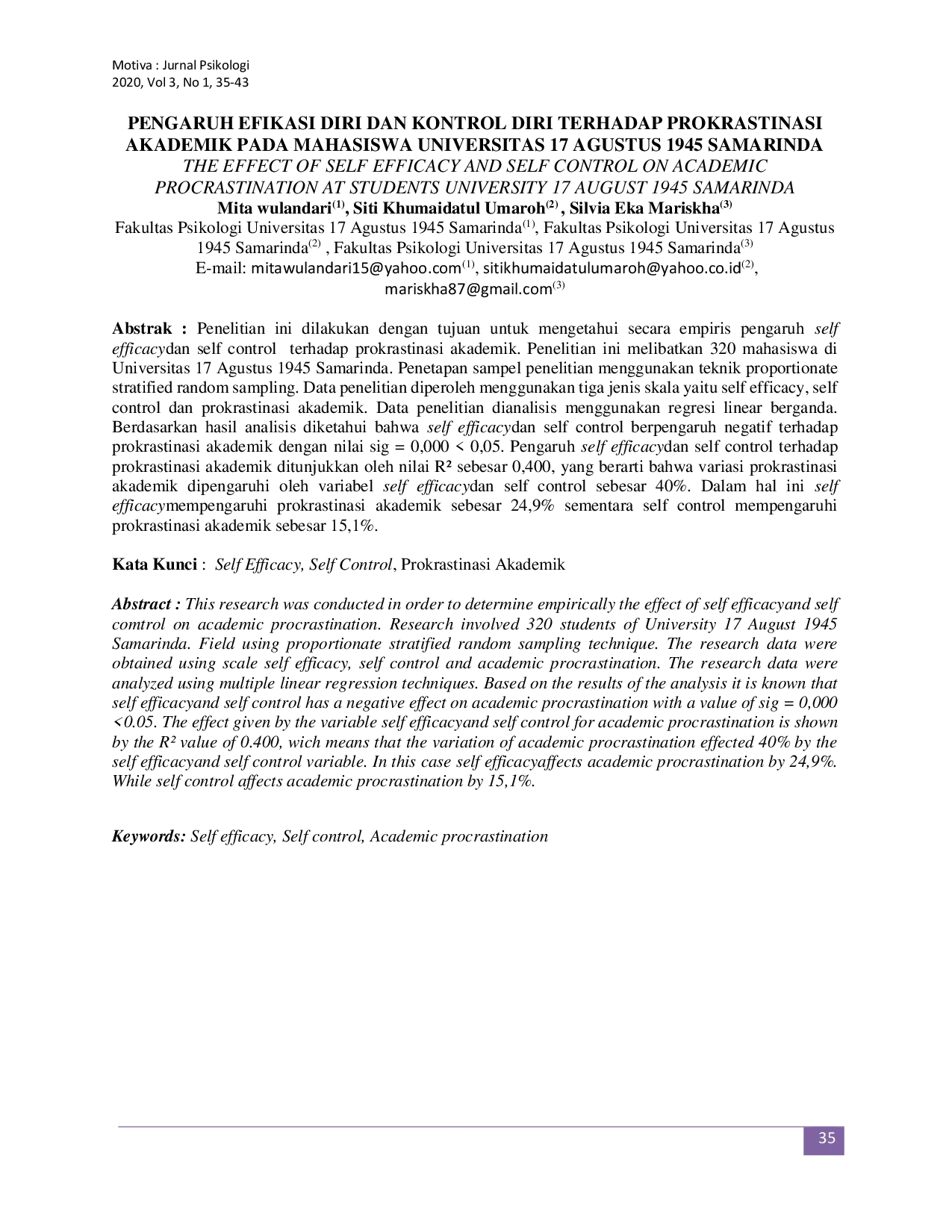 JURIS Pengaruh Efikasi Diri dan Kontrol Diri Terhadap Prokrastinasi Akademik Pada Mahasiswa Universitas 17 Agustus 1945 Samarinda