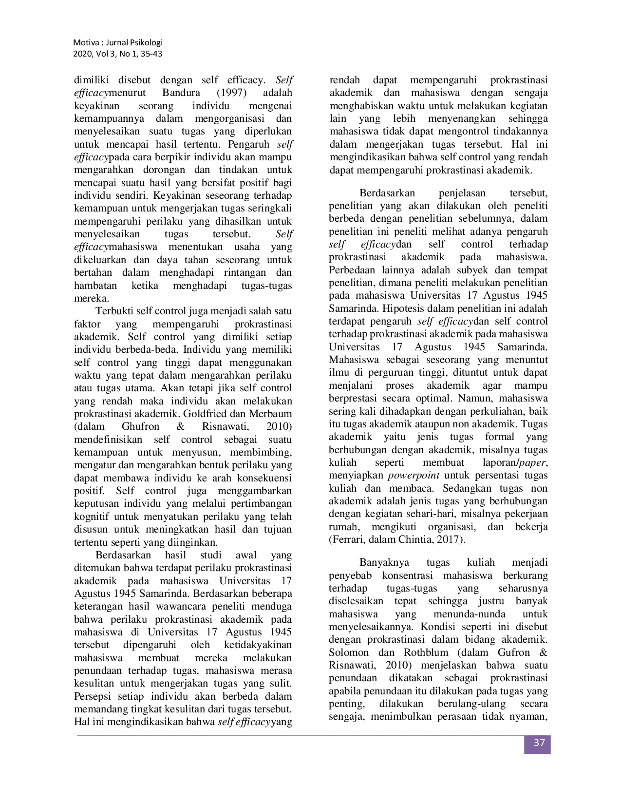 JURIS Pengaruh Efikasi Diri dan Kontrol Diri Terhadap Prokrastinasi Akademik Pada Mahasiswa Universitas 17 Agustus 1945 Samarinda