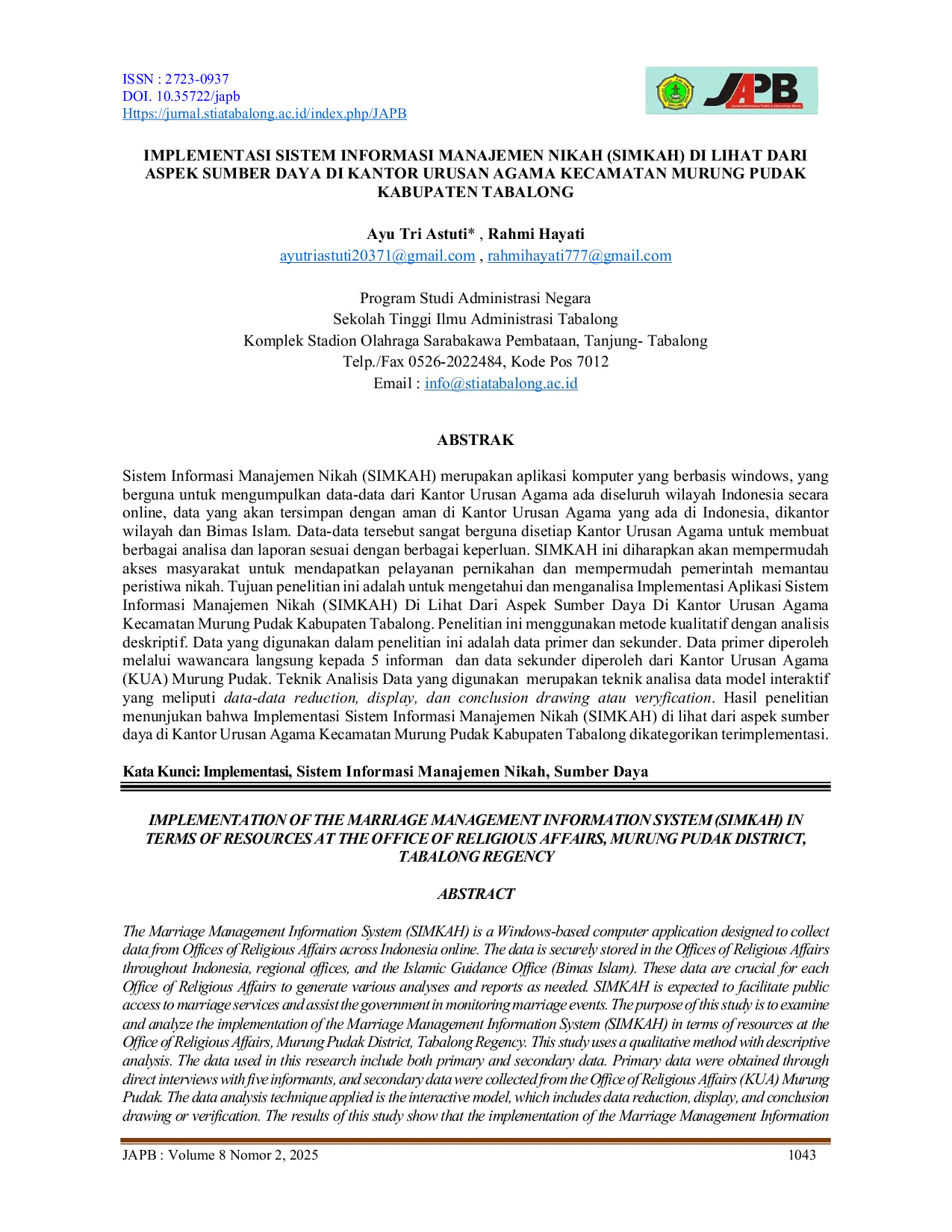 JURIS Implementasi Sistem Informasi Manajemen Nikah SIMKAH di Lihat dari Aspek Sumber Daya di Kantor Urusan Agama Kecamatan Murung Pudak Kabupaten Tabalong