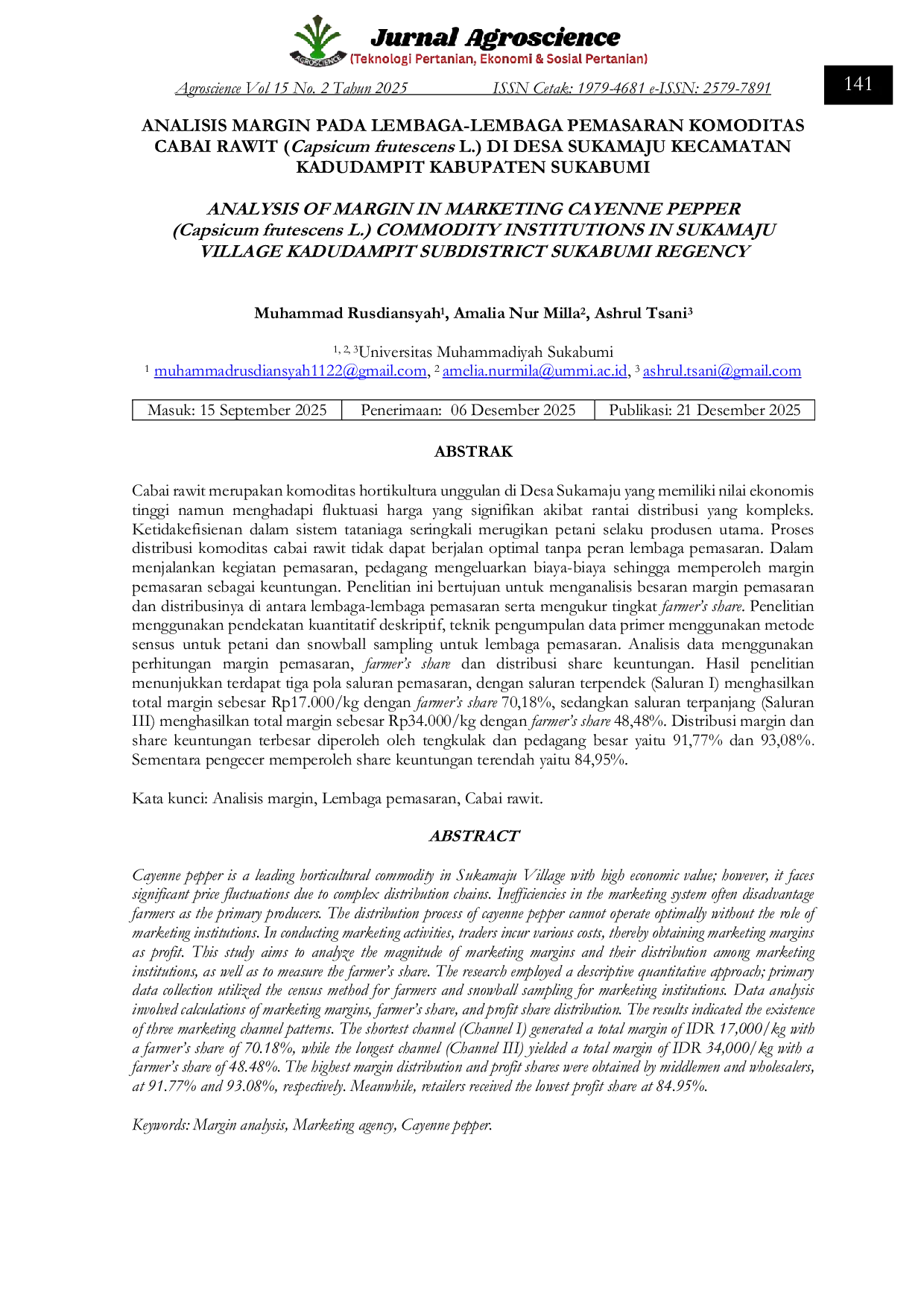 JURIS ANALISIS MARGIN PADA LEMBAGA LEMBAGA PEMASARAN KOMODITAS CABAI RAWIT Capsicum frutescens L DI DESA SUKAMAJU KECAMATAN KADUDAMPIT KABUPATEN SUKABUMI