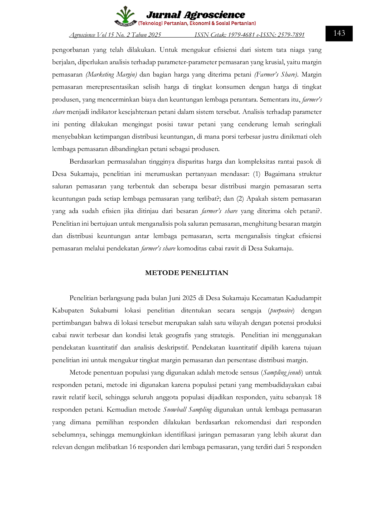 JURIS ANALISIS MARGIN PADA LEMBAGA LEMBAGA PEMASARAN KOMODITAS CABAI RAWIT Capsicum frutescens L DI DESA SUKAMAJU KECAMATAN KADUDAMPIT KABUPATEN SUKABUMI