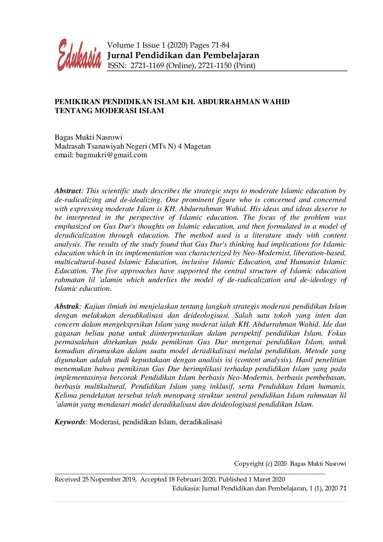 JURIS Pemikiran Pendidikan Islam KH Abdurrahman Wahid Tentang Moderasi Islam