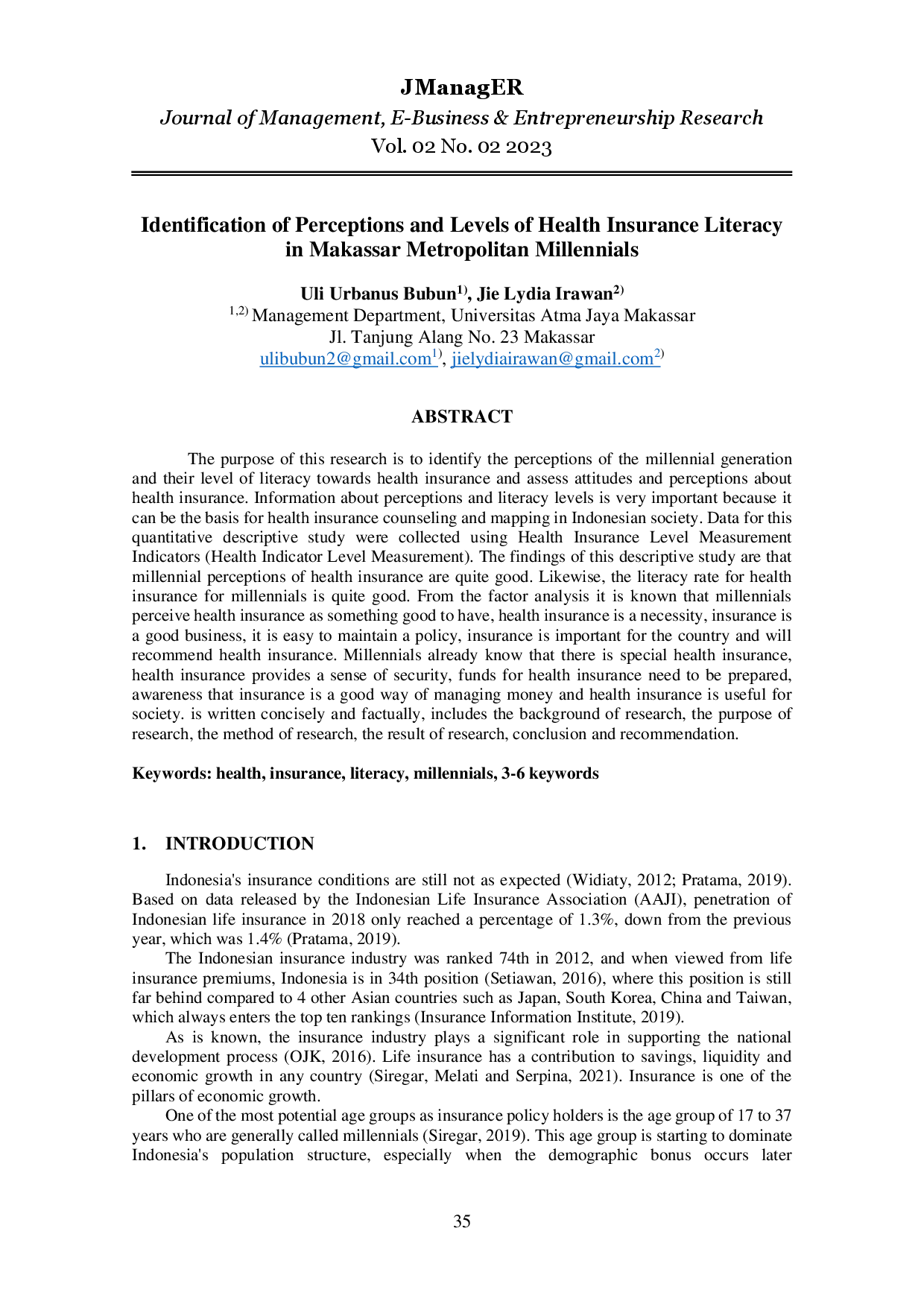 juris Identification of Perceptions and Levels of Health Insurance Literacy in Makassar Metropolitan Millennials