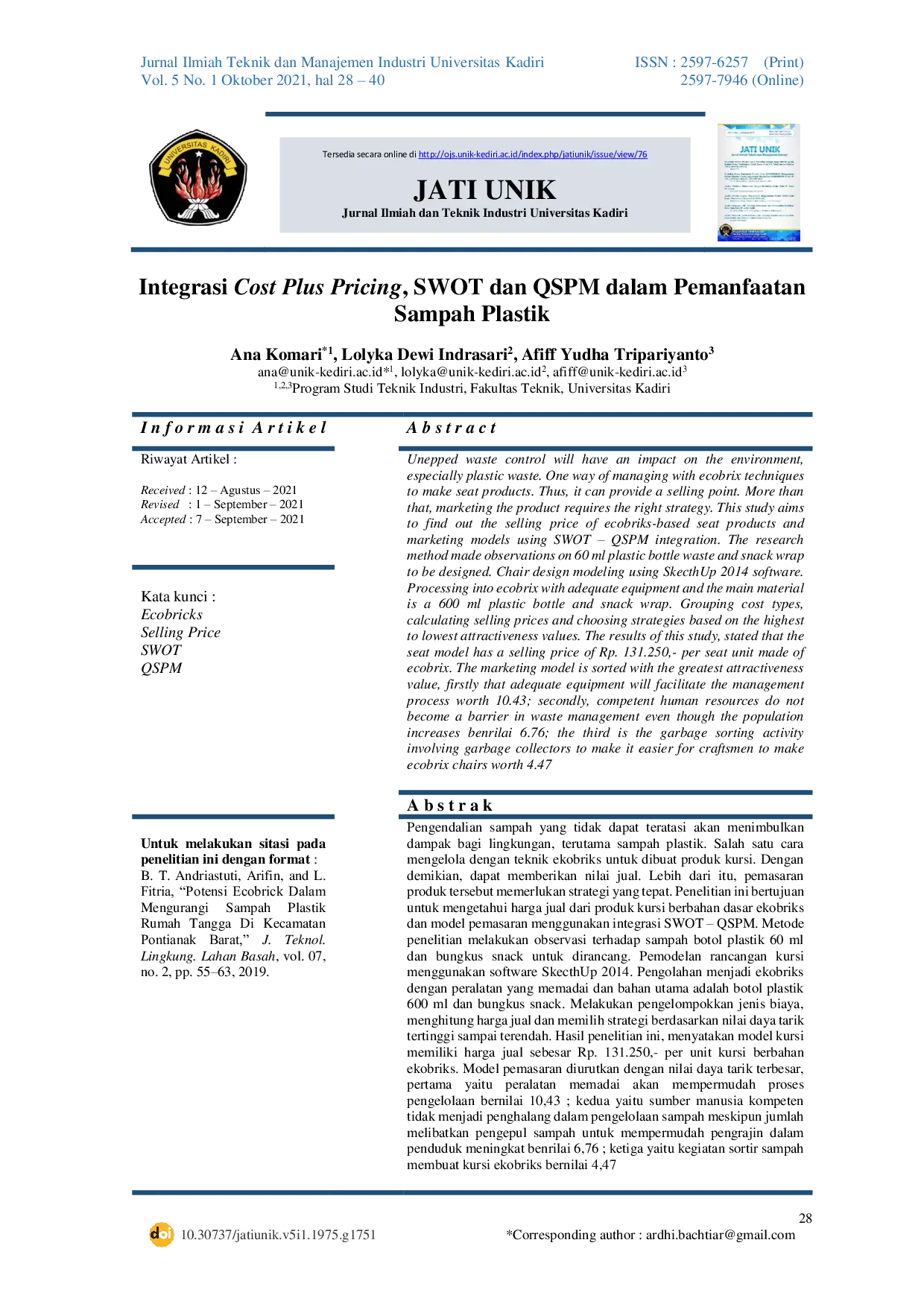 JURIS Integrasi Cost Plus Pricing SWOT dan QSPM dalam Pemanfaatan Sampah Plastik