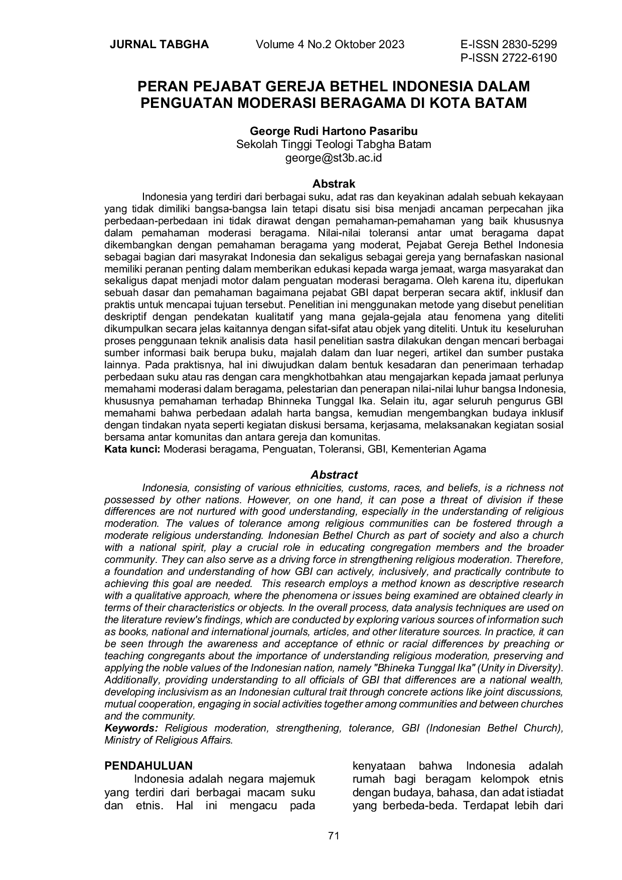 JURIS Peran Pejabat Gereja Bethel Indonesia dalam Penguatan Moderasi Beragama di Kota Batam