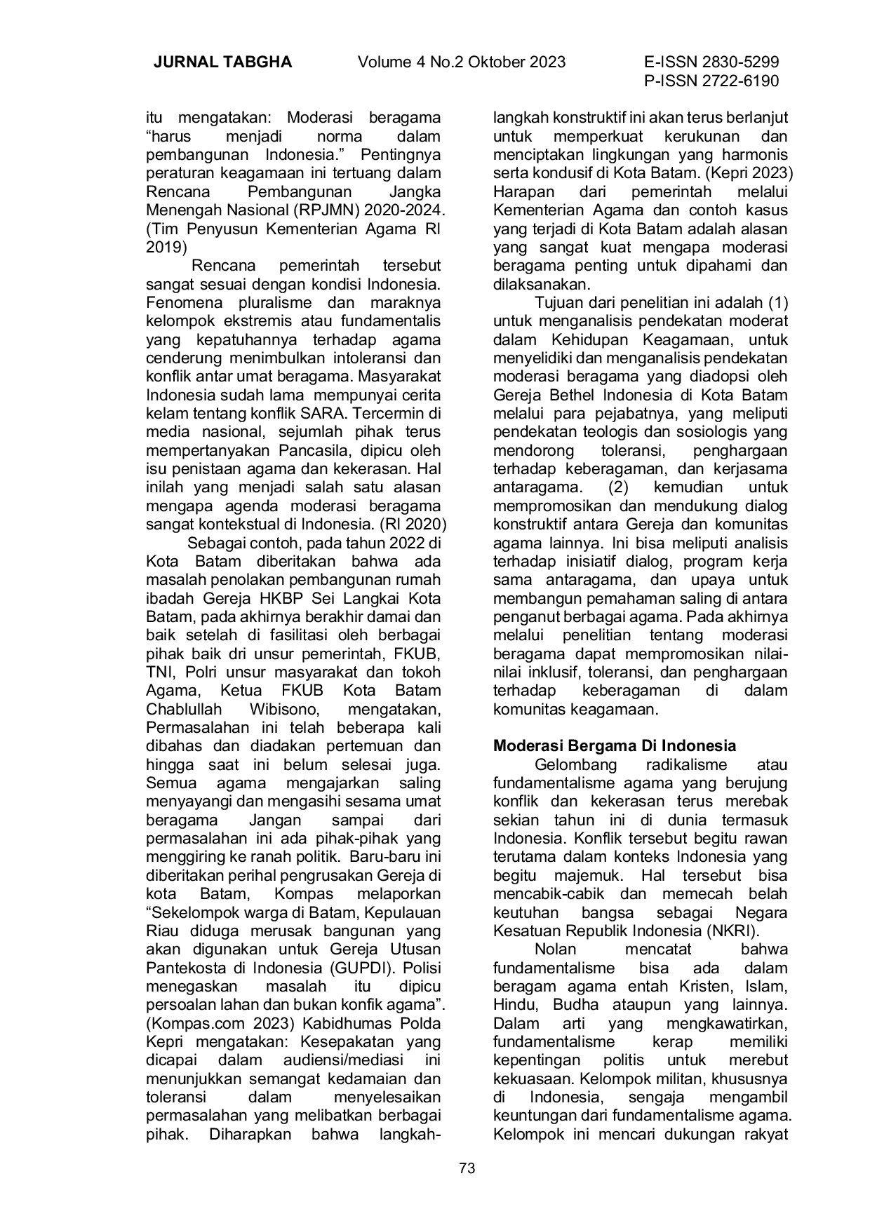 JURIS Peran Pejabat Gereja Bethel Indonesia dalam Penguatan Moderasi Beragama di Kota Batam