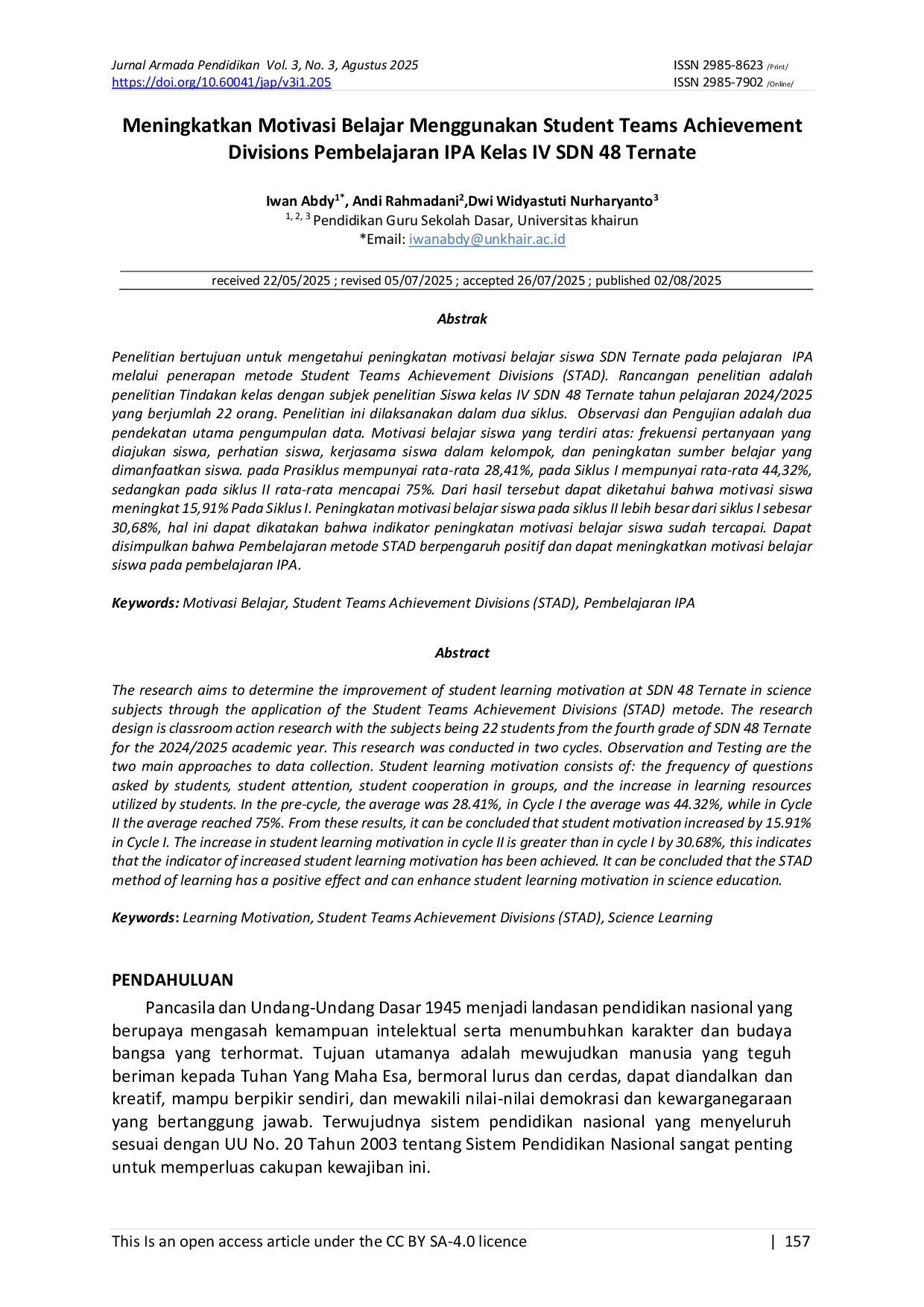 JURIS Meningkatkan Motivasi Belajar Menggunakan Student Teams Achievement Divisions Pembelajaran IPA Kelas IV SDN 48 Ternate