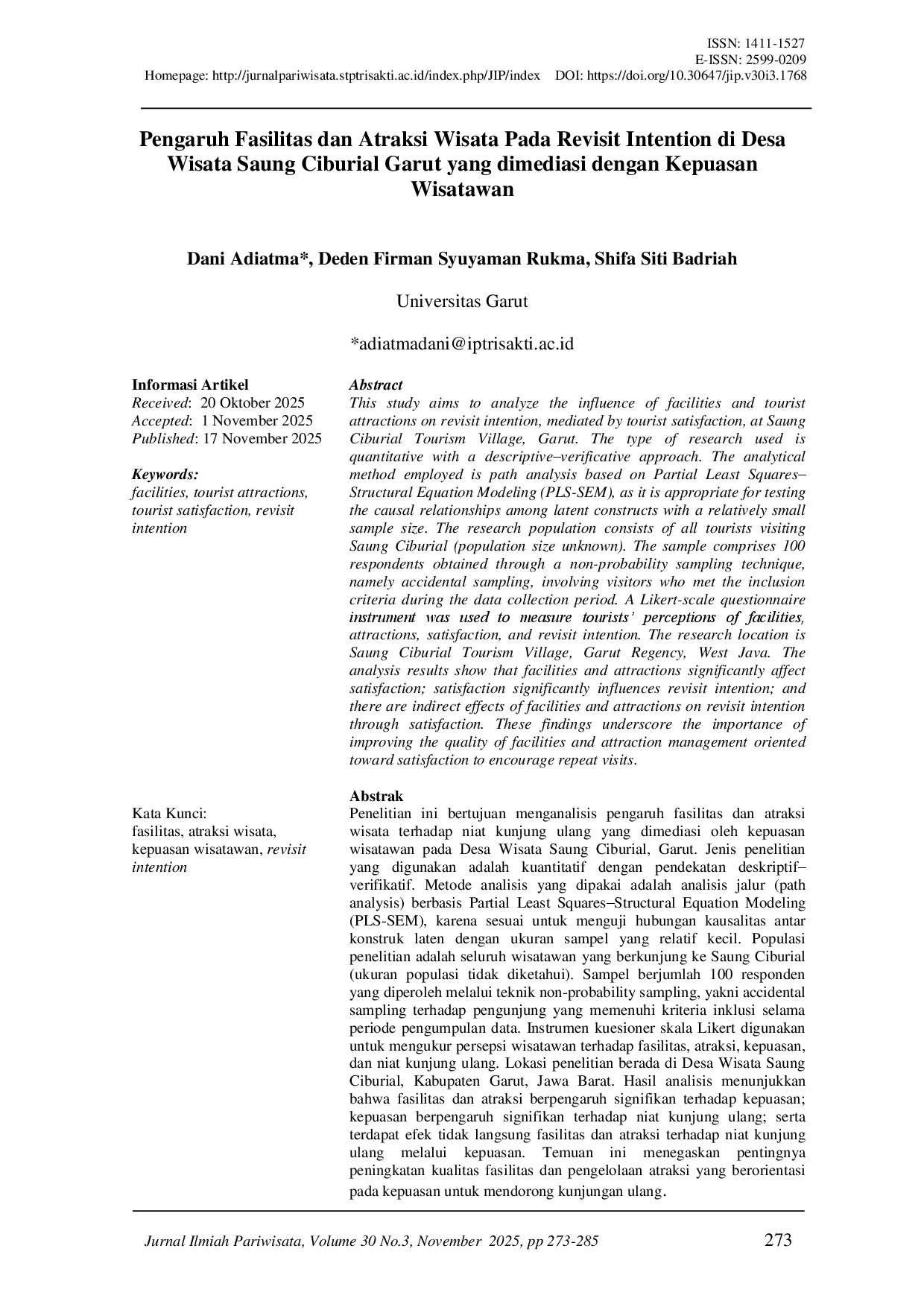juris Pengaruh Fasilitas dan Atraksi Wisata Pada Revisit Intention di Desa Wisata Saung Ciburial Garut yang Dimediasi Dengan Kepuasan Wisatawan