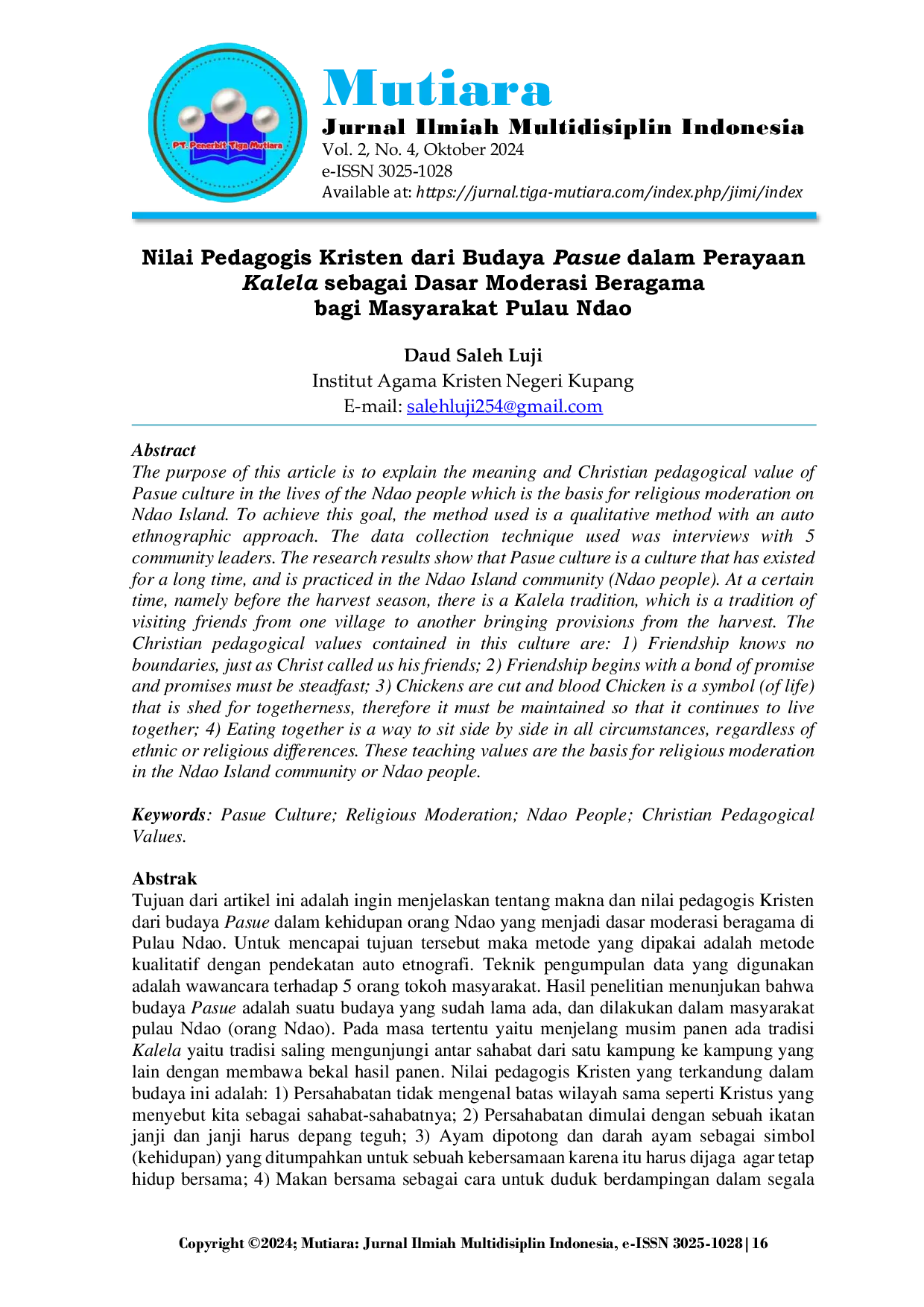 JURIS Nilai Pedagogis Kristen dari Budaya Pasue dalam Perayaan Kalela sebagai Dasar Moderasi Beragama bagi Masyarakat Pulau Ndao