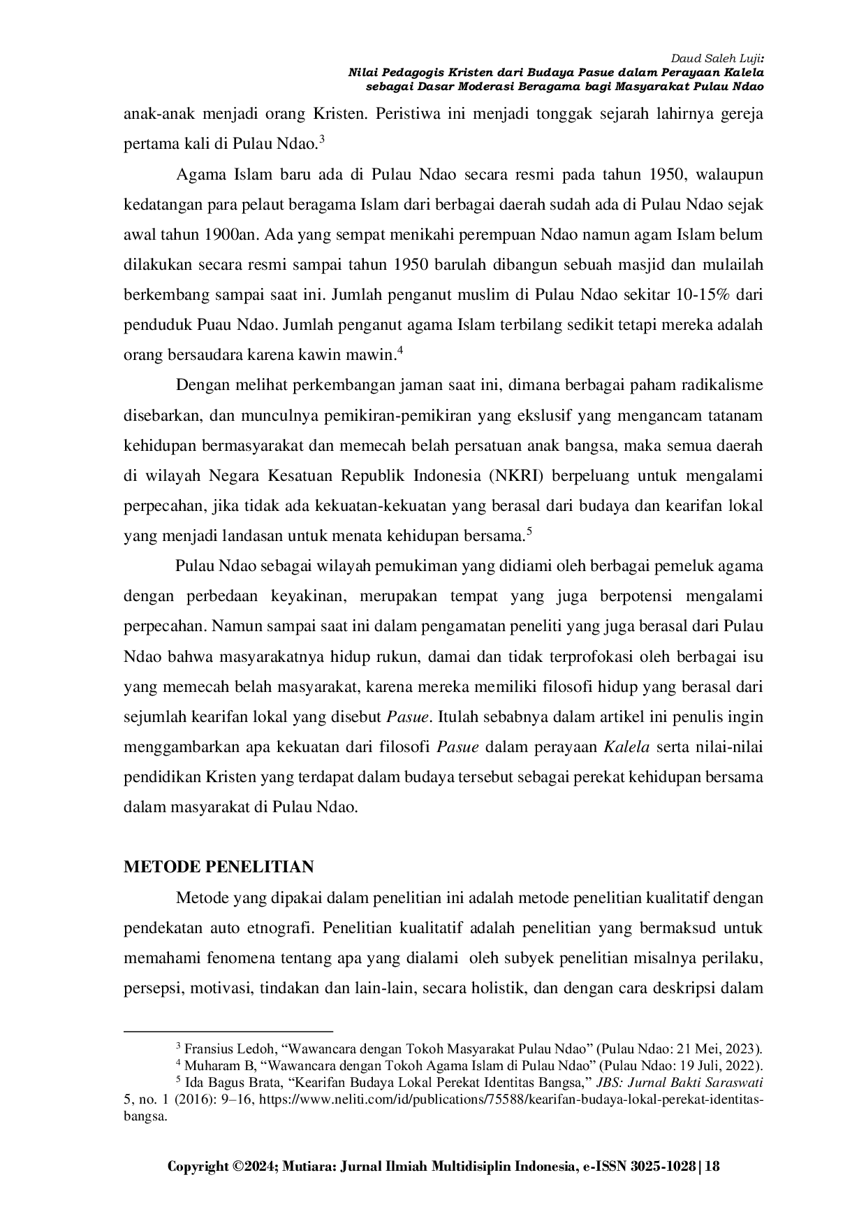 JURIS Nilai Pedagogis Kristen dari Budaya Pasue dalam Perayaan Kalela sebagai Dasar Moderasi Beragama bagi Masyarakat Pulau Ndao