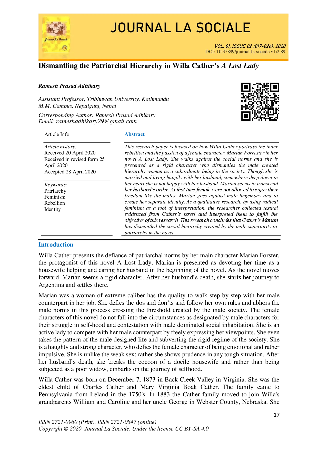 juris Dismantling the Patriarchal Hierarchy in Willa Cather s A Lost Lady