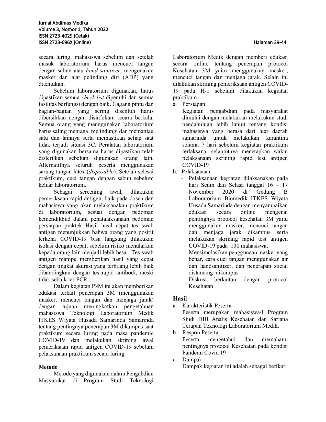 JURIS The Importance of Implementing Health Protocols and Rapid Antigen Testing for Students Before Practical Learning