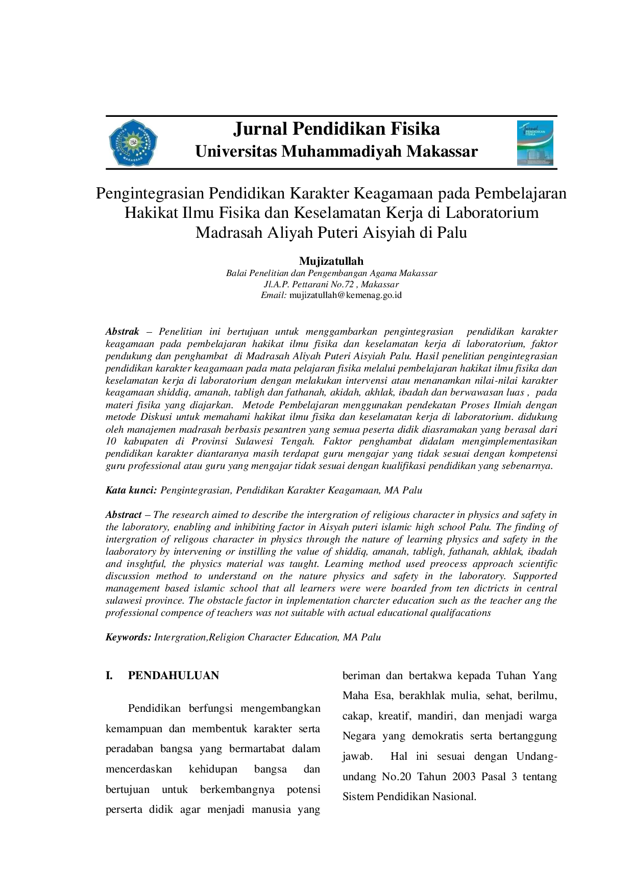 juris Pengintegrasian Pendidikan Karakter Keagamaan pada Pembelajaran Hakikat Ilmu Fisika dan Keselamatan Kerja di Laboratorium Madrasah Aliyah Puteri Aisyiah di Palu