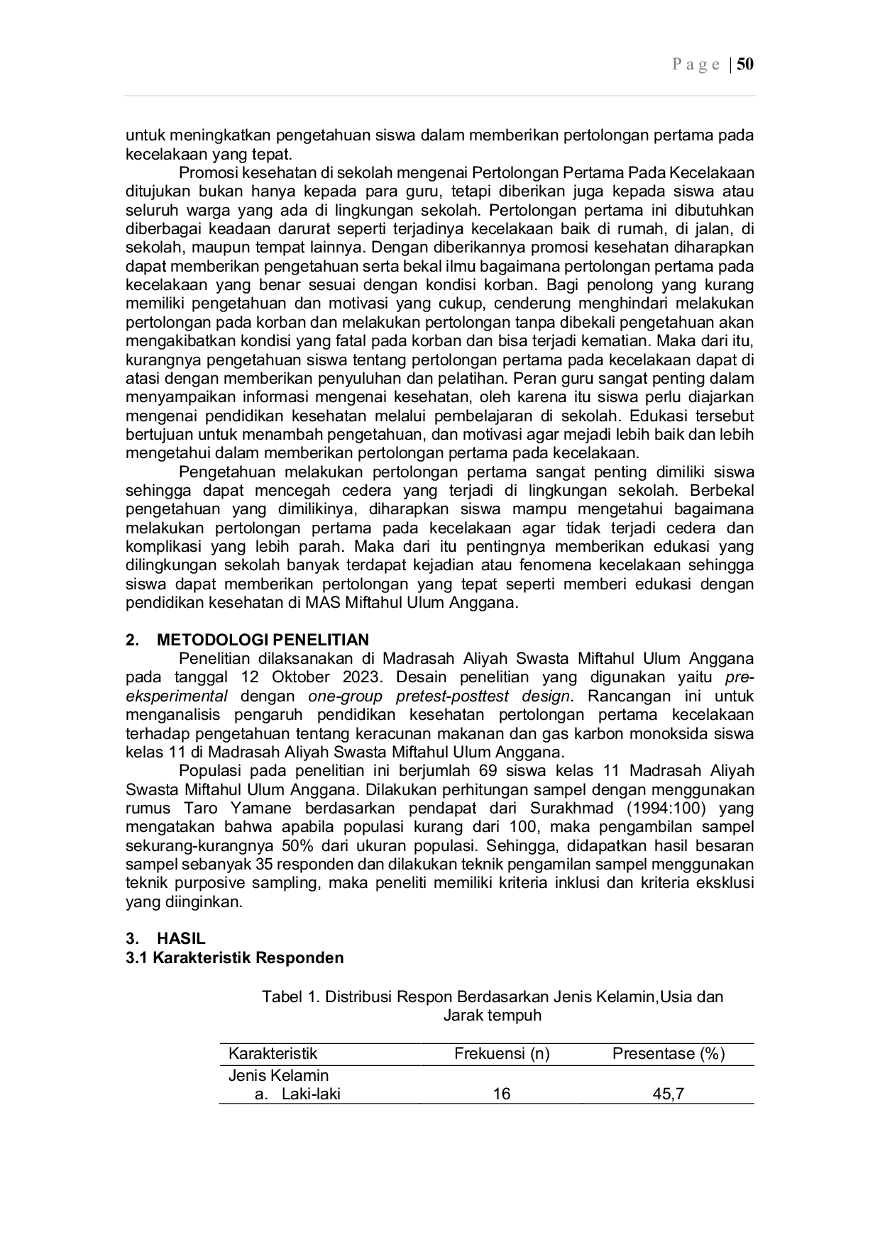 JURIS Pengaruh Pelatihan Pertolongan Pertama Kecelakaan Terhadap Pengetahuan Siswa Kelas 11