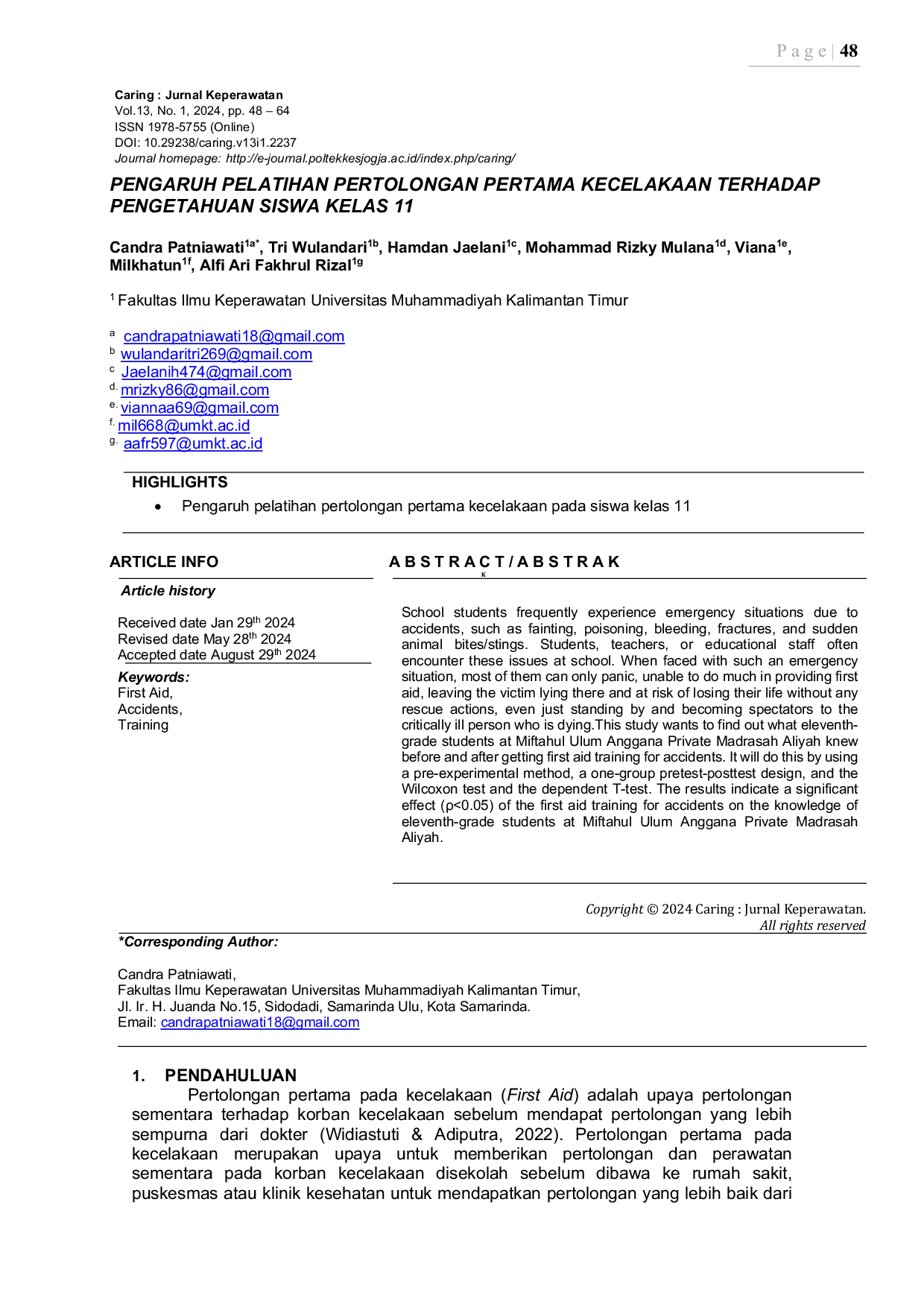 JURIS Pengaruh Pelatihan Pertolongan Pertama Kecelakaan Terhadap Pengetahuan Siswa Kelas 11