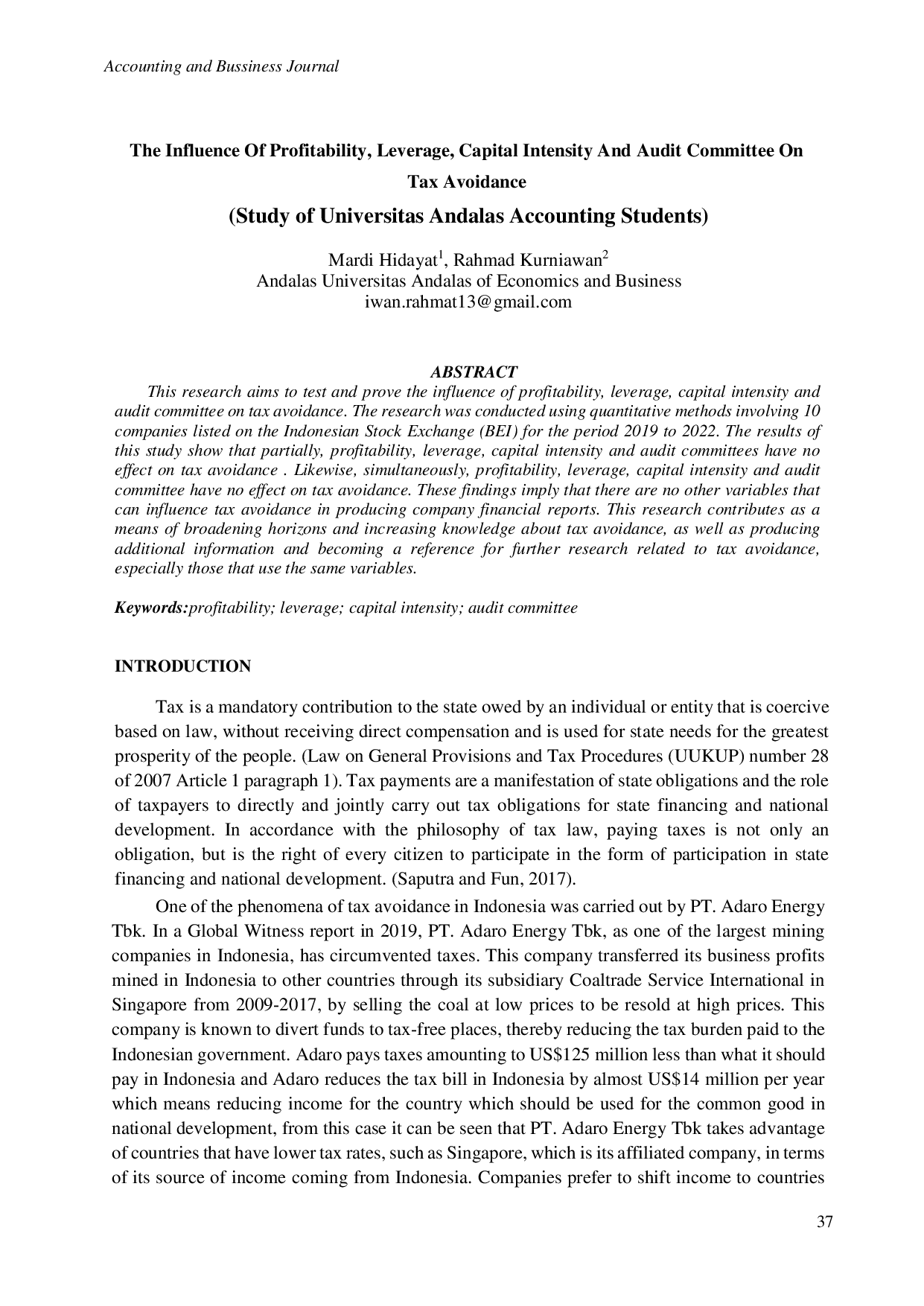 JURIS The Influence Of Profitability Leverage Capital Intensity And Audit Committee On Tax Avoidance