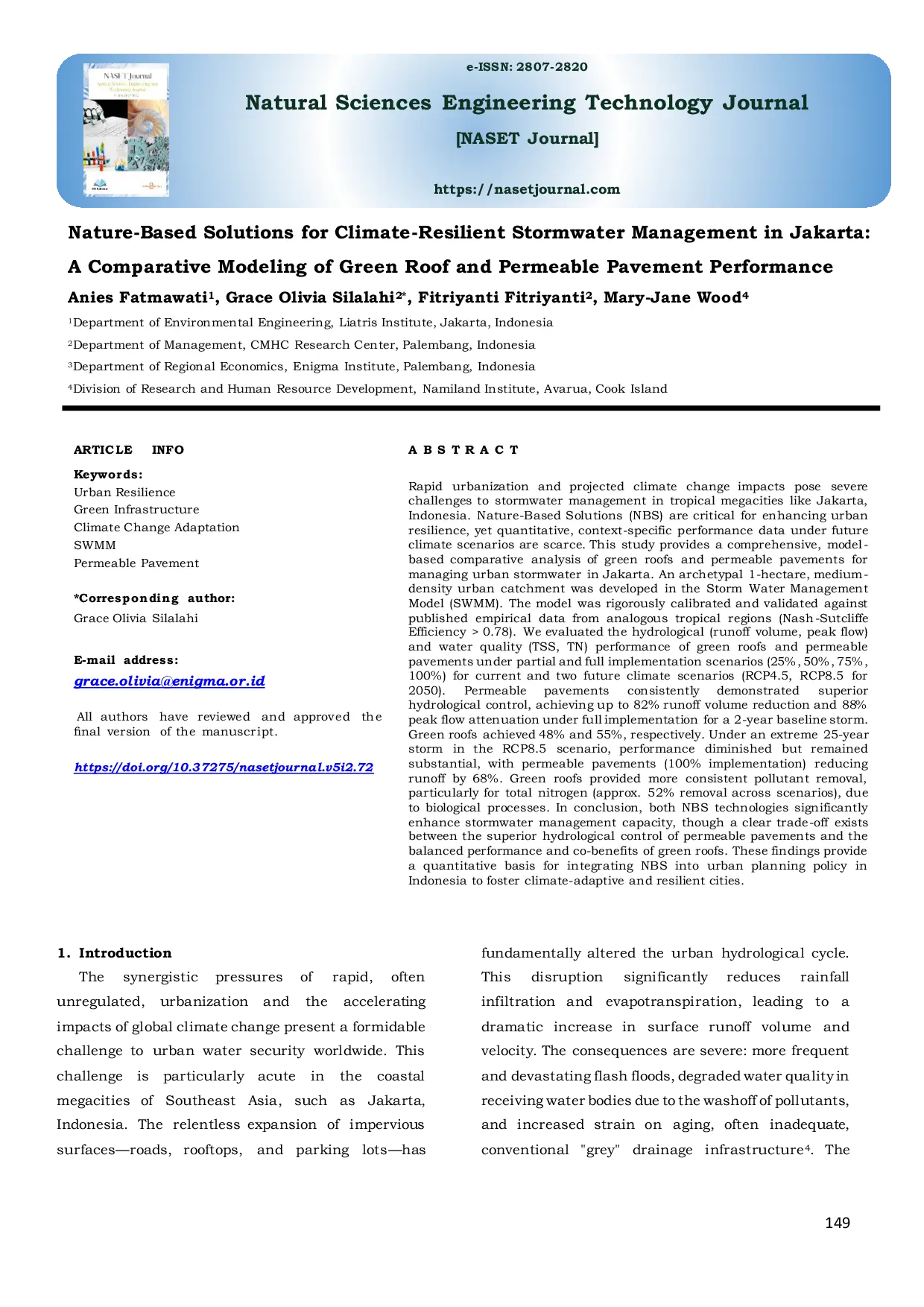 JURIS Nature Based Solutions for Climate Resilient Stormwater Management in Jakarta A Comparative Modeling of Green Roof and Permeable Pavement Performance