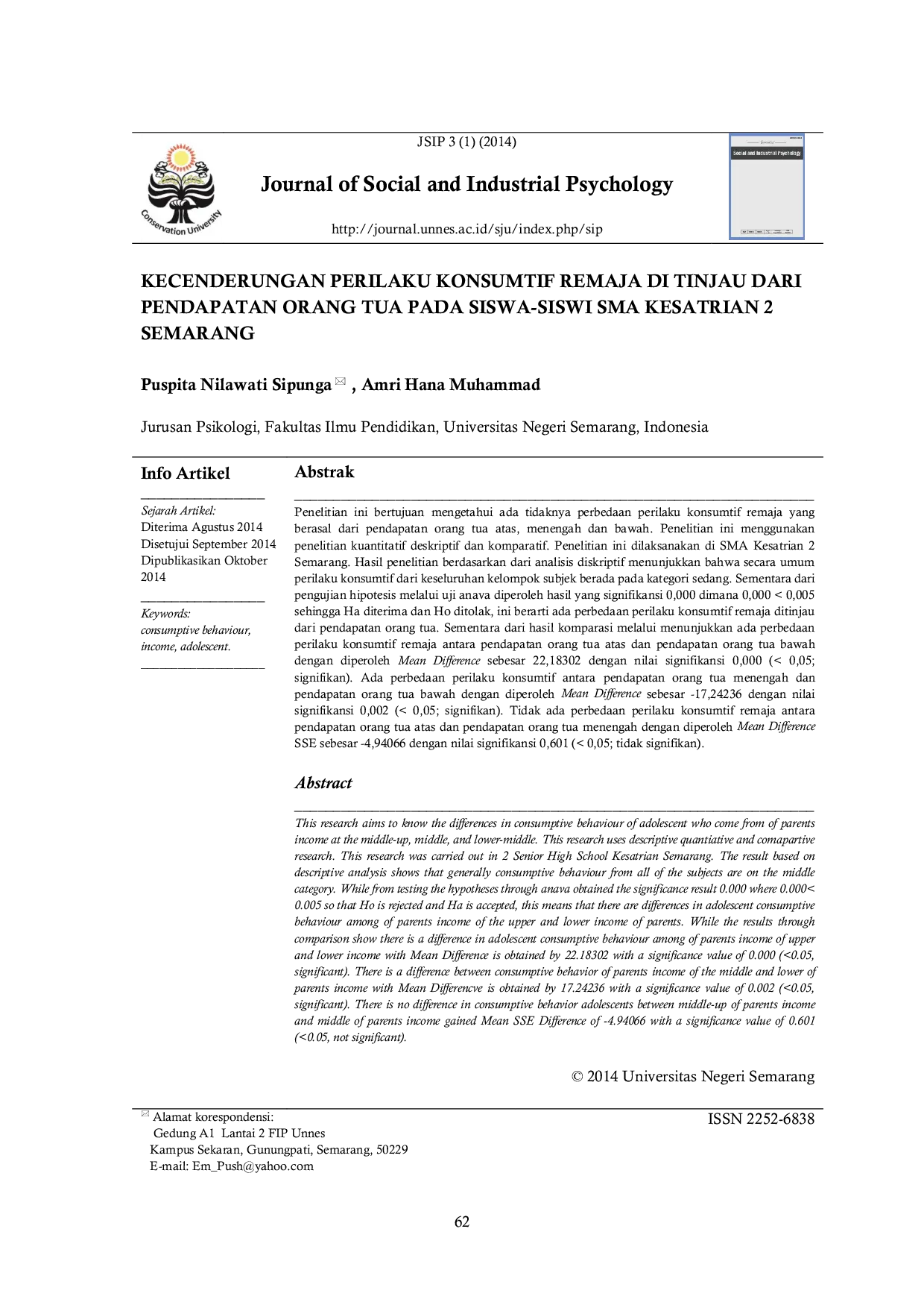 JURIS Kecenderungan Perilaku Konsumtif Remaja Ditinjau Dari Pendapatan Orang Tua Pada Siswa Siswi SMA Kesatrian 2 Semarang