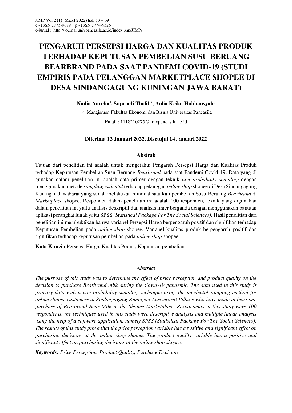 JURIS Pengaruh Persepsi Harga Dan Kualitas Produk Terhadap Keputusan Pembelian Susu Beruang Bearbrand Pada Saat Pandemi Covid 19 Studi Empiris Pada Pelanggan Marketplace Shopee Di Desa Sindangagung Kuninga
