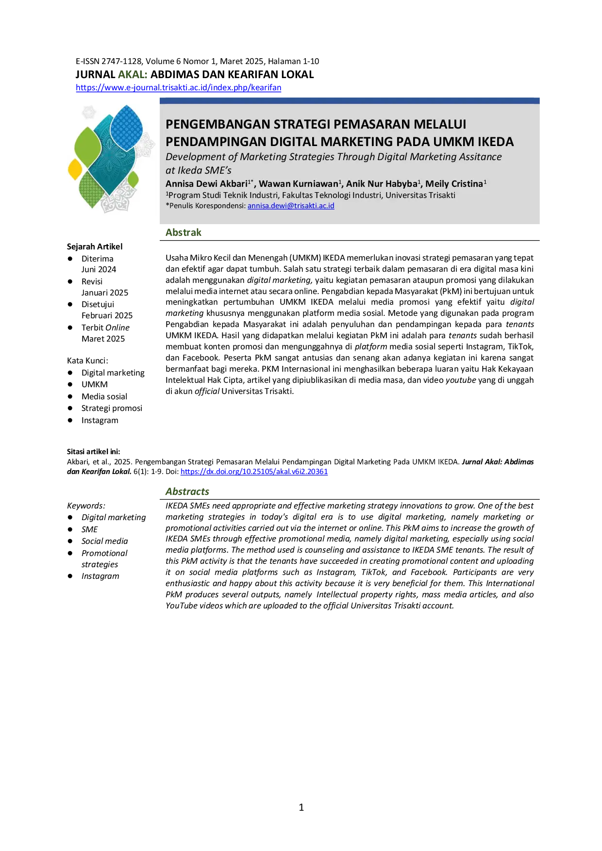 JURIS Pengembangan Strategi Pemasaran Melalui Pendampingan Digital Marketing Pada UMKM IKEDA