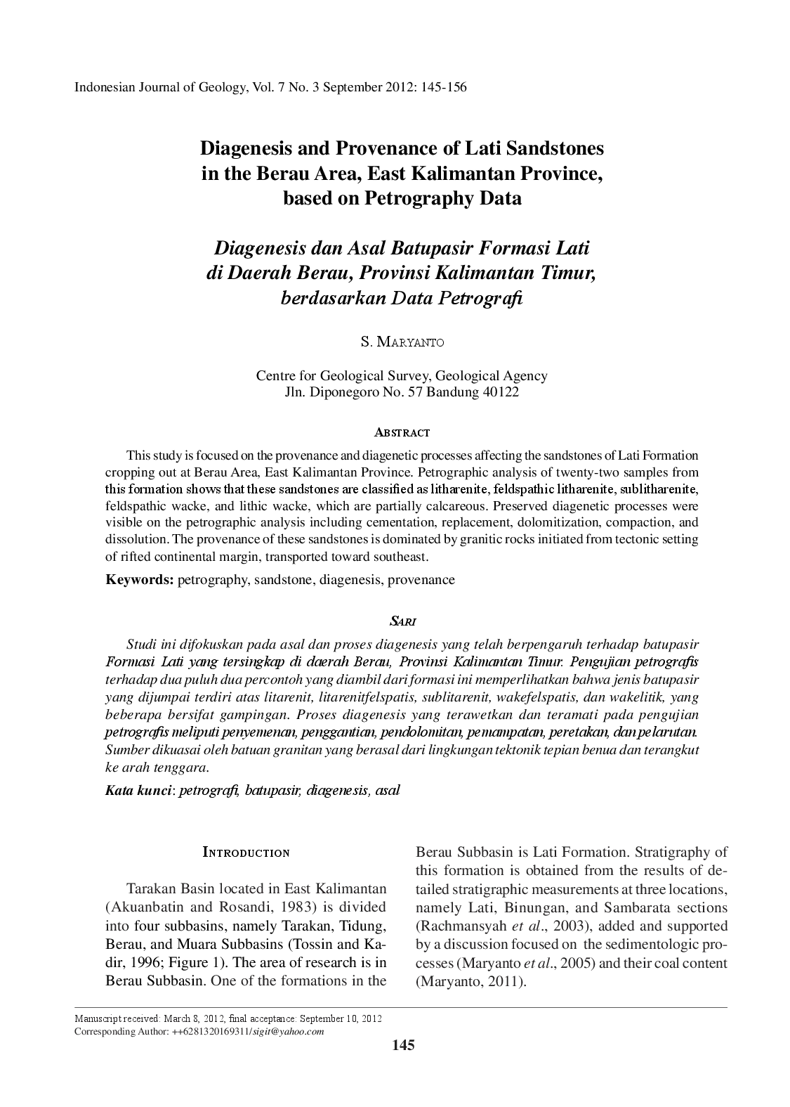 juris Diagenesis and Provenance of Lati Sandstones in the Berau Area East Kalimantan Province based on Petrography Data