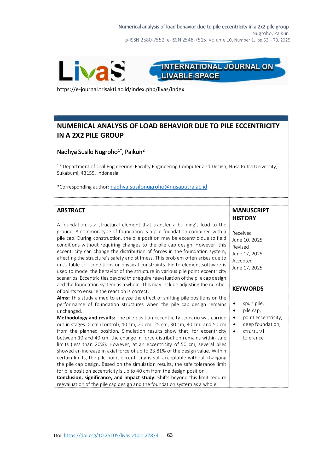JURIS Numerical Analysis of Load Behavior Due to Pile Eccentricity in a 2x2 Pile Group
