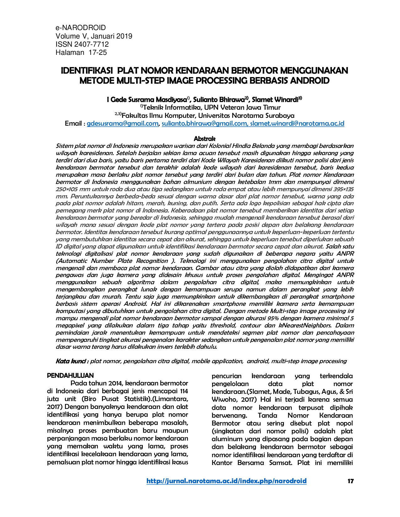 JURIS Identifikasi Plat Nomor Kendaraan Bermotor Menggunakan Metode Multi Step Image Processing Berbasis Android